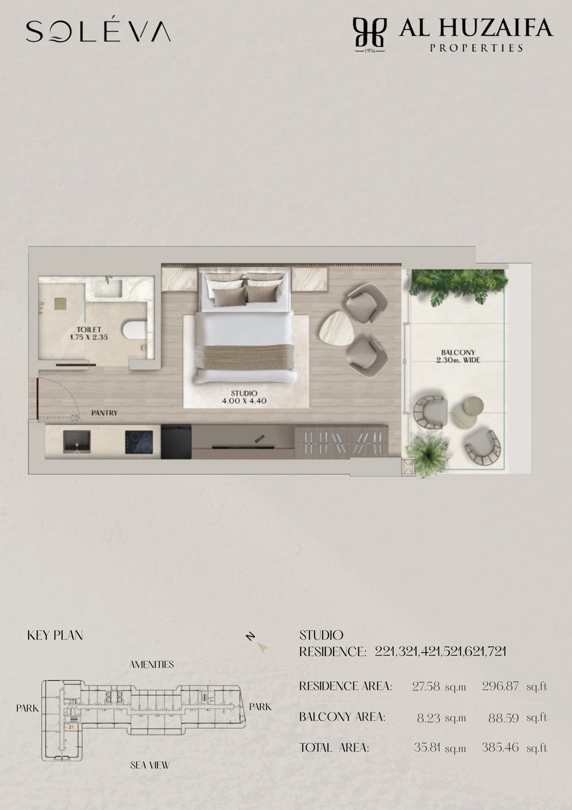 Soléva Beach Residences studio apartment floor plan, Stack 21 (Levels 2-7), residence(s) 221/321/421/521/621/721, 385.46 sq ft.