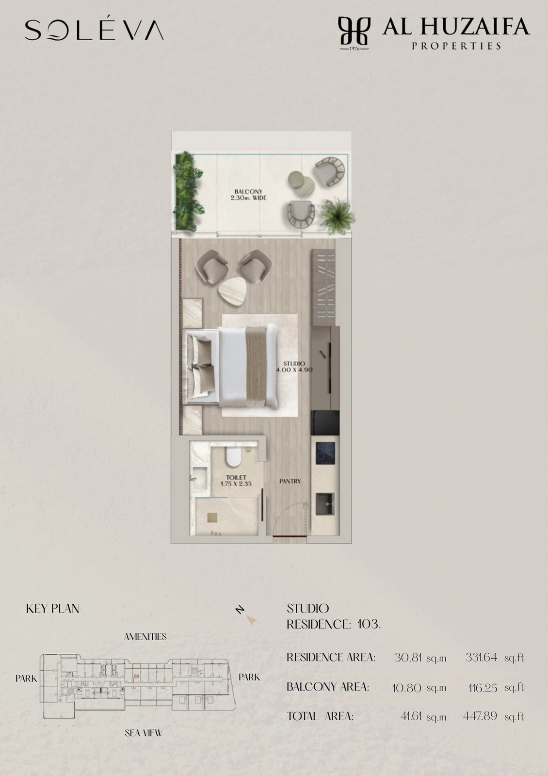 Soléva Beach Residences studio apartment floor plan, Residence 103, residence(s) 103, 447.89 sq ft.