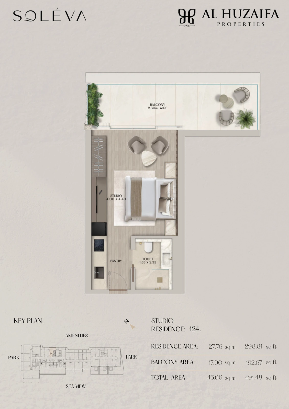 Soléva Beach Residences studio apartment floor plan, Residence 124, residence(s) 124, 491.48 sq ft.