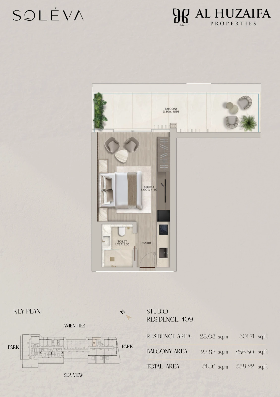 Soléva Beach Residences studio apartment floor plan, Residence 109, residence(s) 109, 558.22 sq ft.