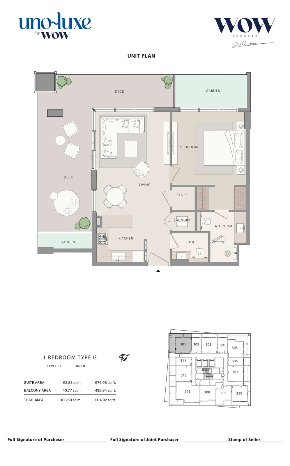 Uno Luxe 1 bedroom Type G, Stack 01 apartment floor plan for Level 03, Unit 01, 1,114.92 sq ft