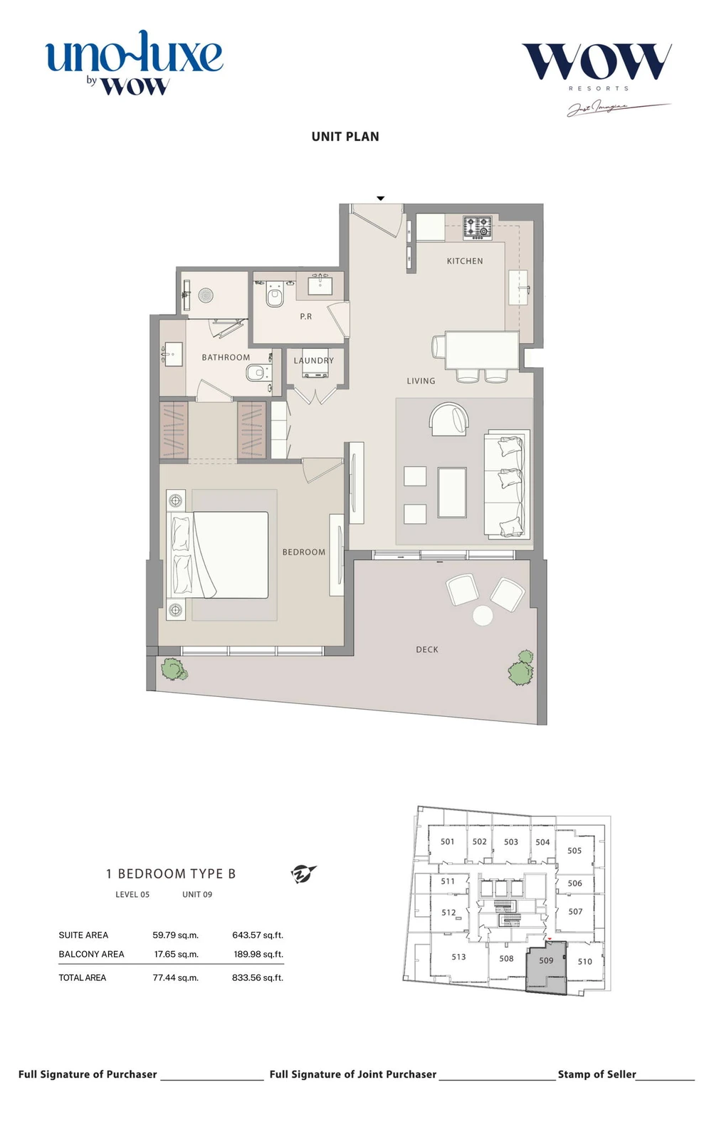Uno Luxe 1 bedroom Type B, Stack 09 apartment floor plan for Level 05, Unit 09, 833.56 sq ft