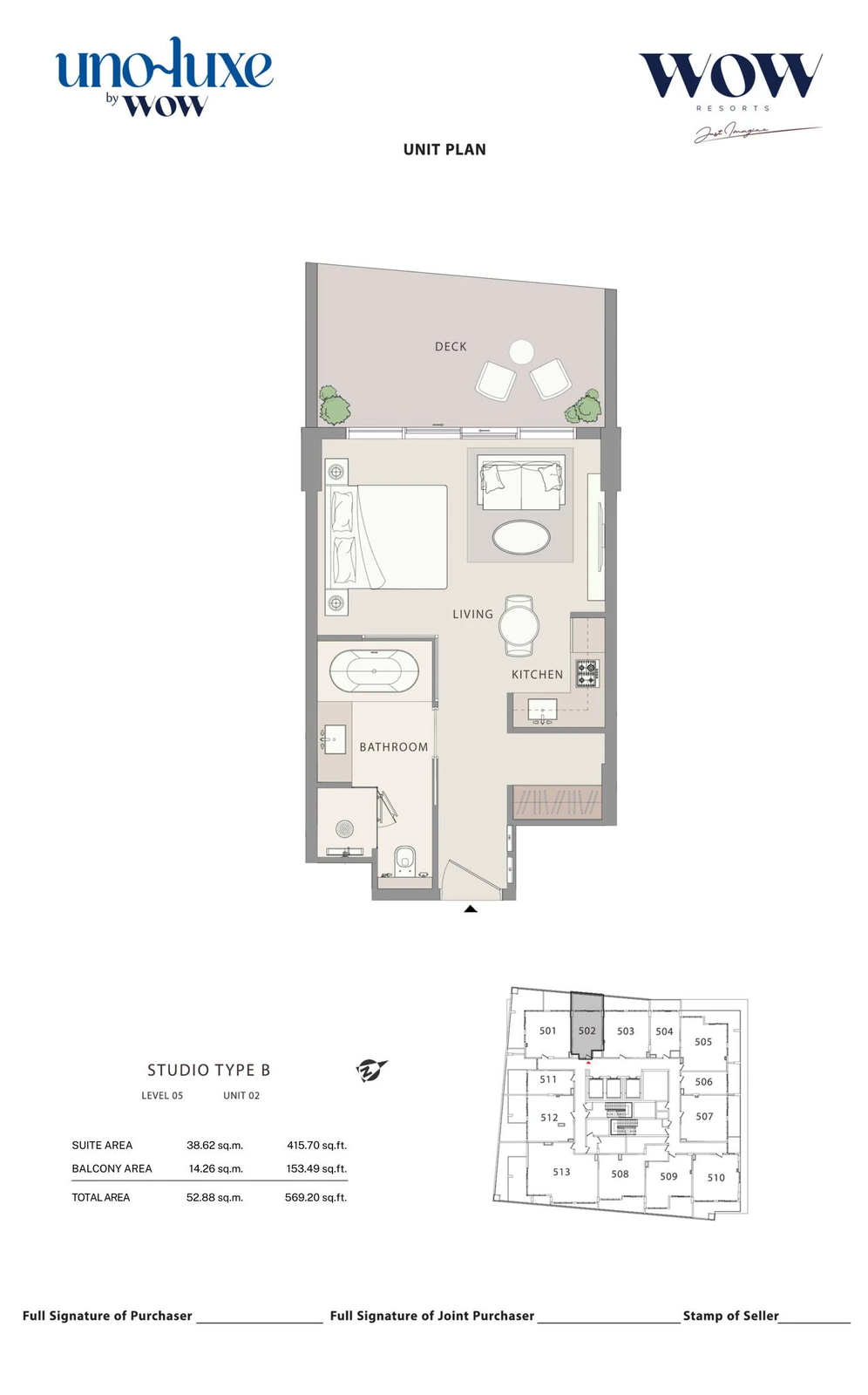 Uno Luxe studio Type B, Stack 02 apartment floor plan for Level 05, Unit 02, 569.20 sq ft