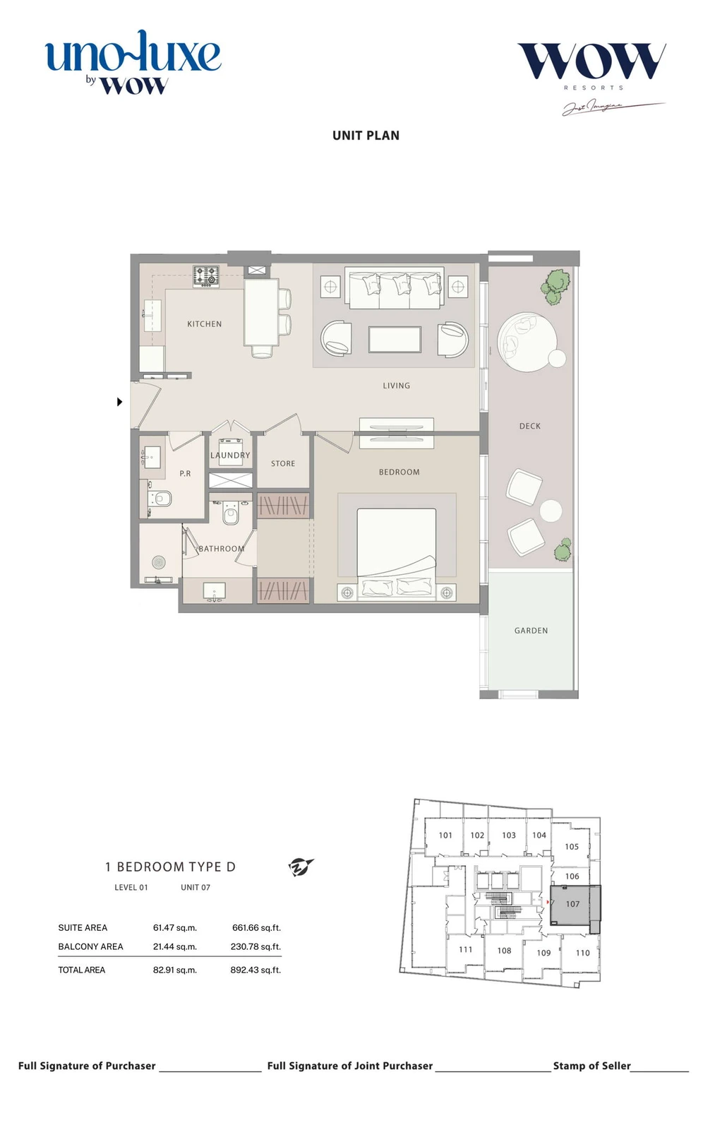 Uno Luxe 1 bedroom Type D, Stack 07 apartment floor plan for Level 01, Unit 07, 892.43 sq ft