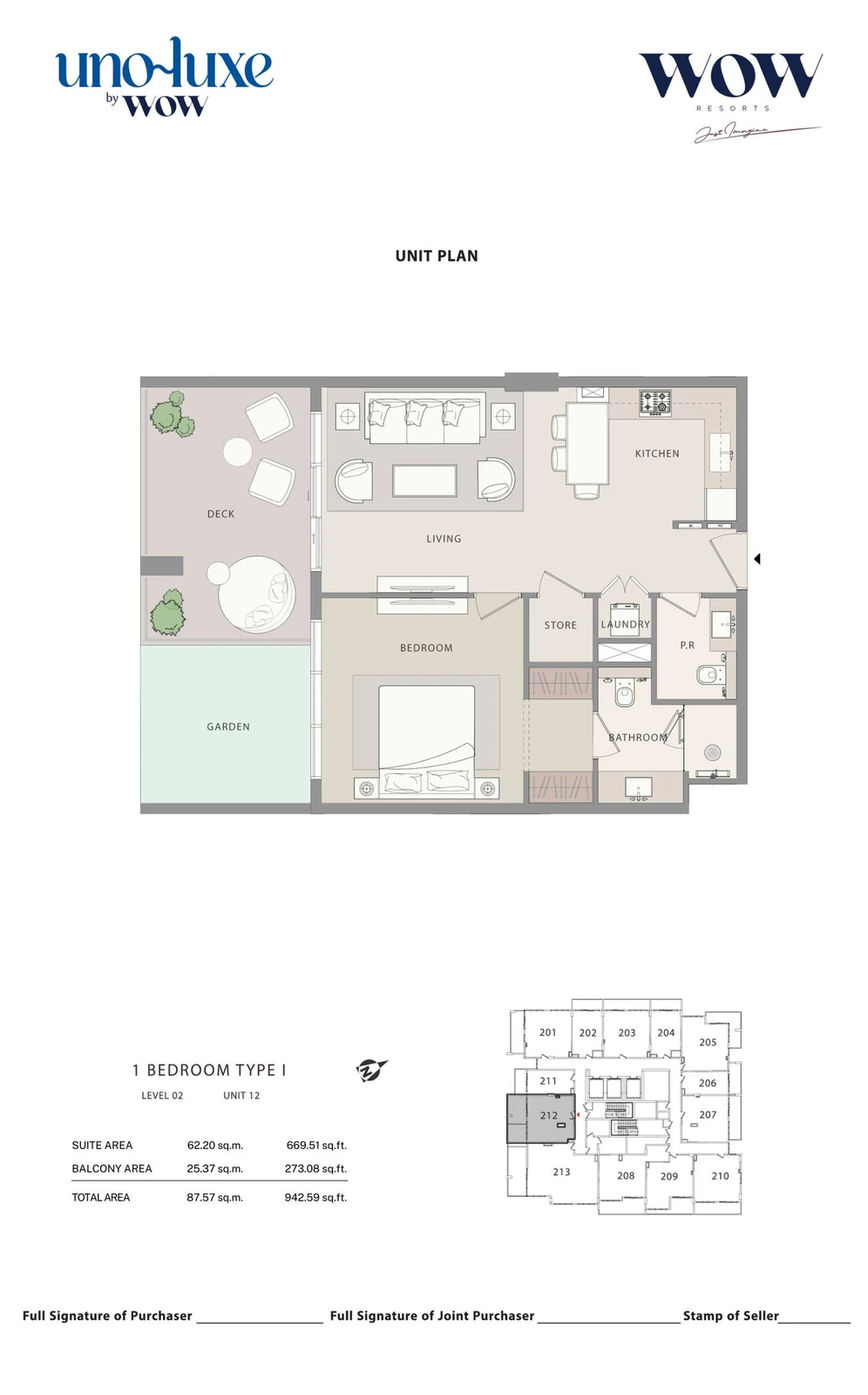 Uno Luxe 1 bedroom Type I, Stack 12 apartment floor plan for Level 02, Unit 12, 942.59 sq ft