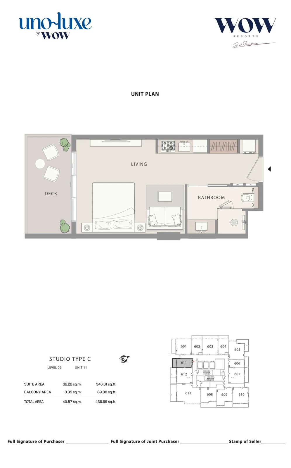 Uno Luxe studio Type C, Stack 11 apartment floor plan for Level 06, Unit 11, 436.69 sq ft