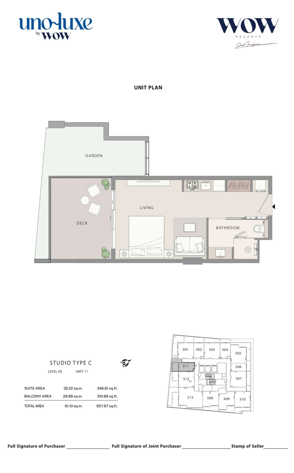 Uno Luxe studio Type C, Stack 11 apartment floor plan for Level 05, Unit 11, 657.67 sq ft