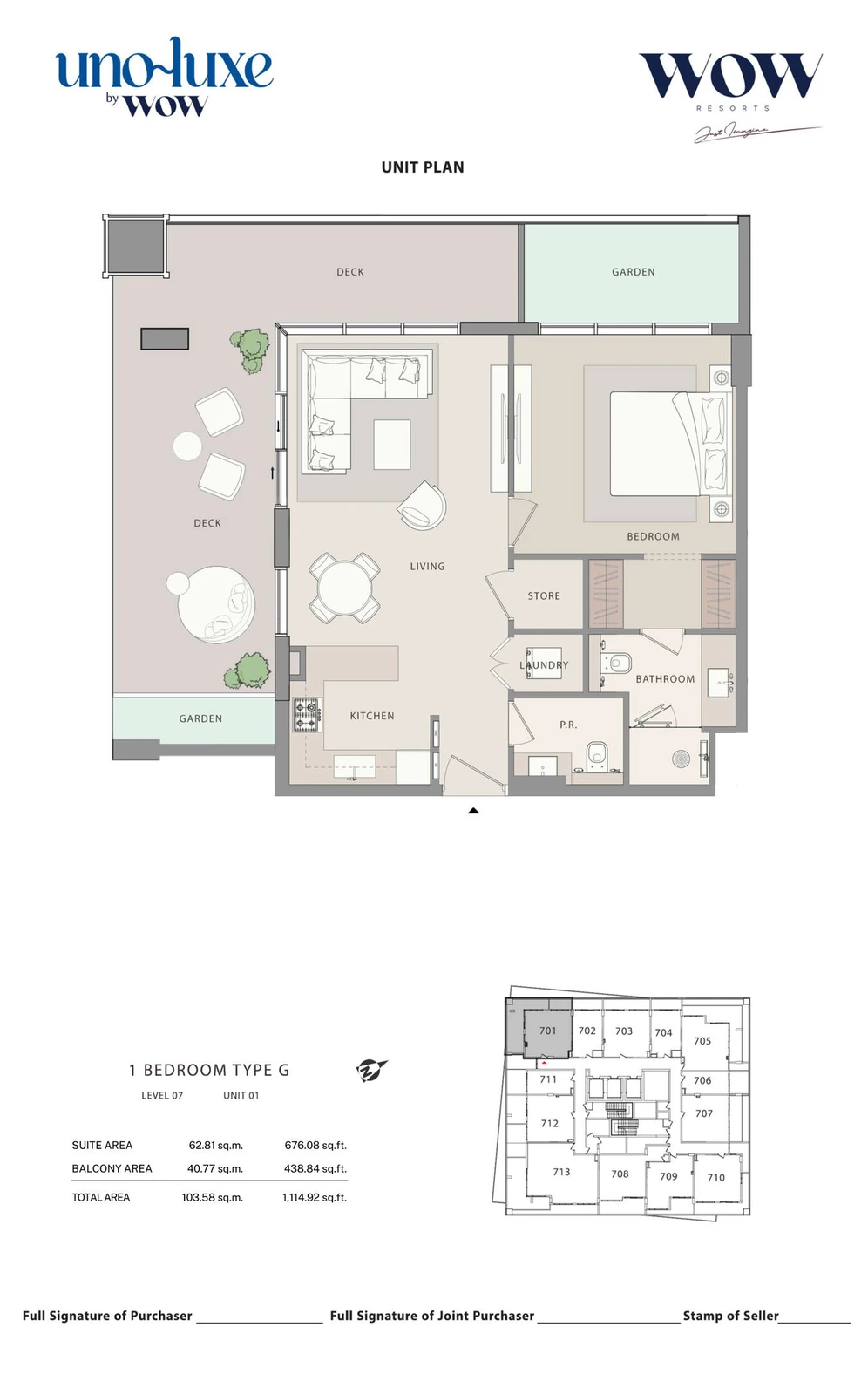 Uno Luxe 1 bedroom Type G, Stack 01 apartment floor plan for Level 07, Unit 01, 1,114.92 sq ft