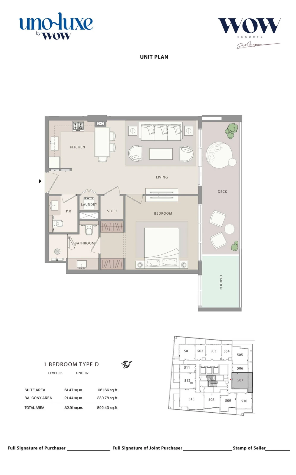 Uno Luxe 1 bedroom Type D, Stack 07 apartment floor plan for Level 05, Unit 07, 892.43 sq ft