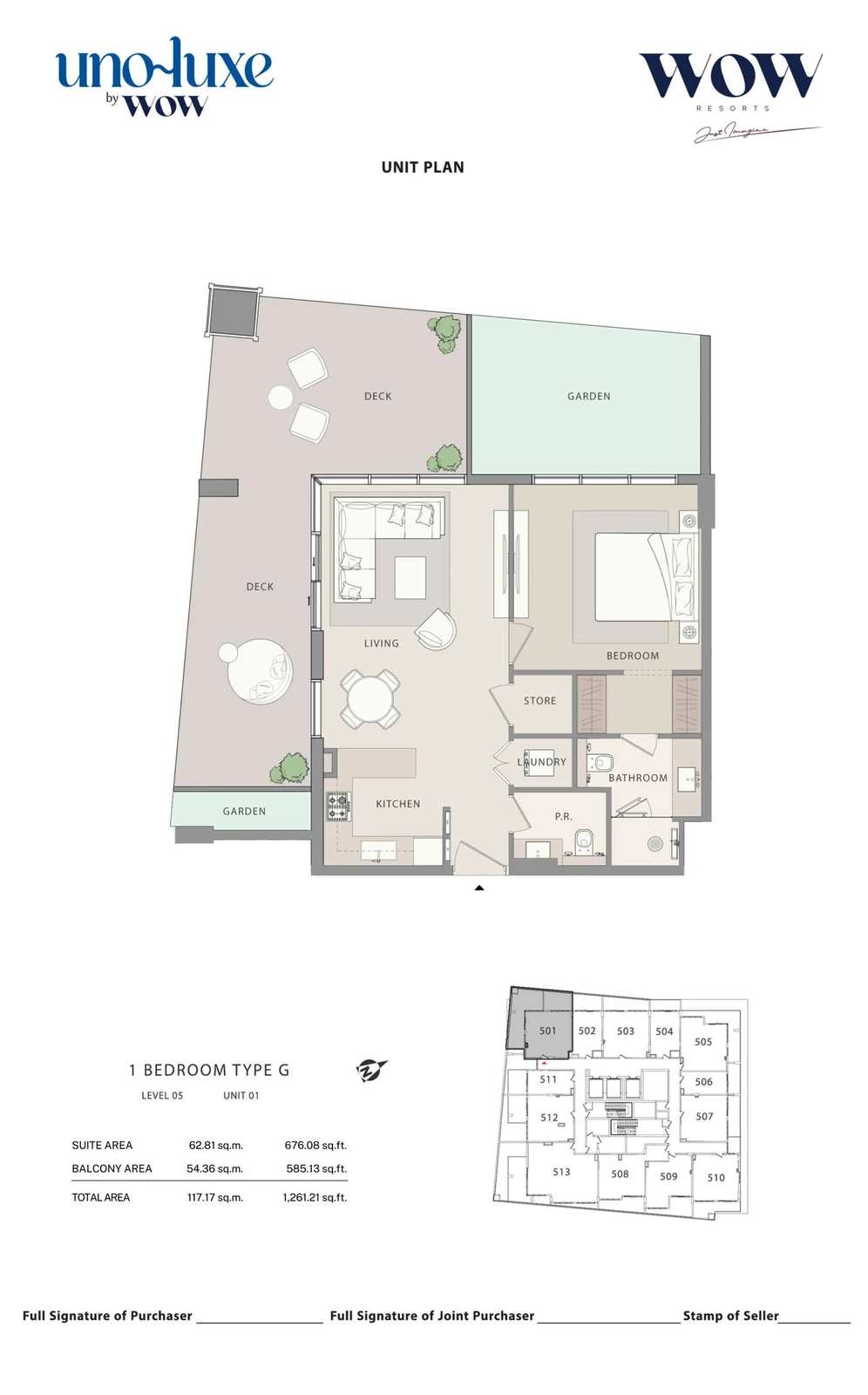 Uno Luxe 1 bedroom Type G, Stack 01 apartment floor plan for Level 05, Unit 01, 1,261.21 sq ft