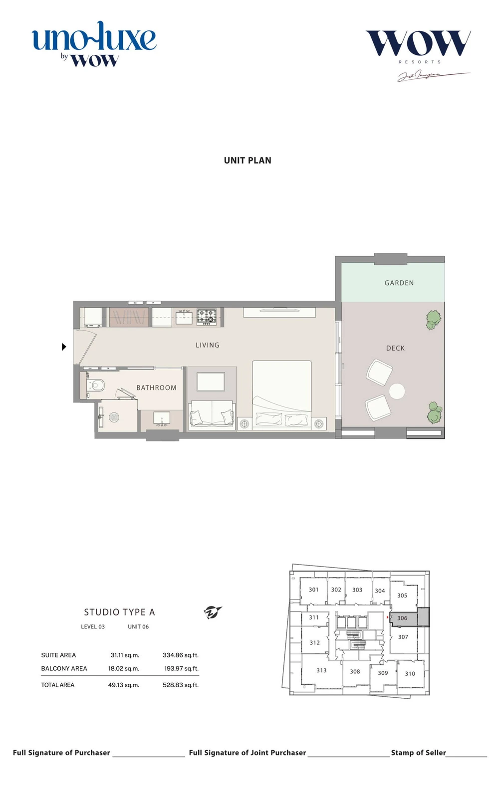 Uno Luxe studio Type A, Stack 06 apartment floor plan for Level 03, Unit 06, 528.83 sq ft