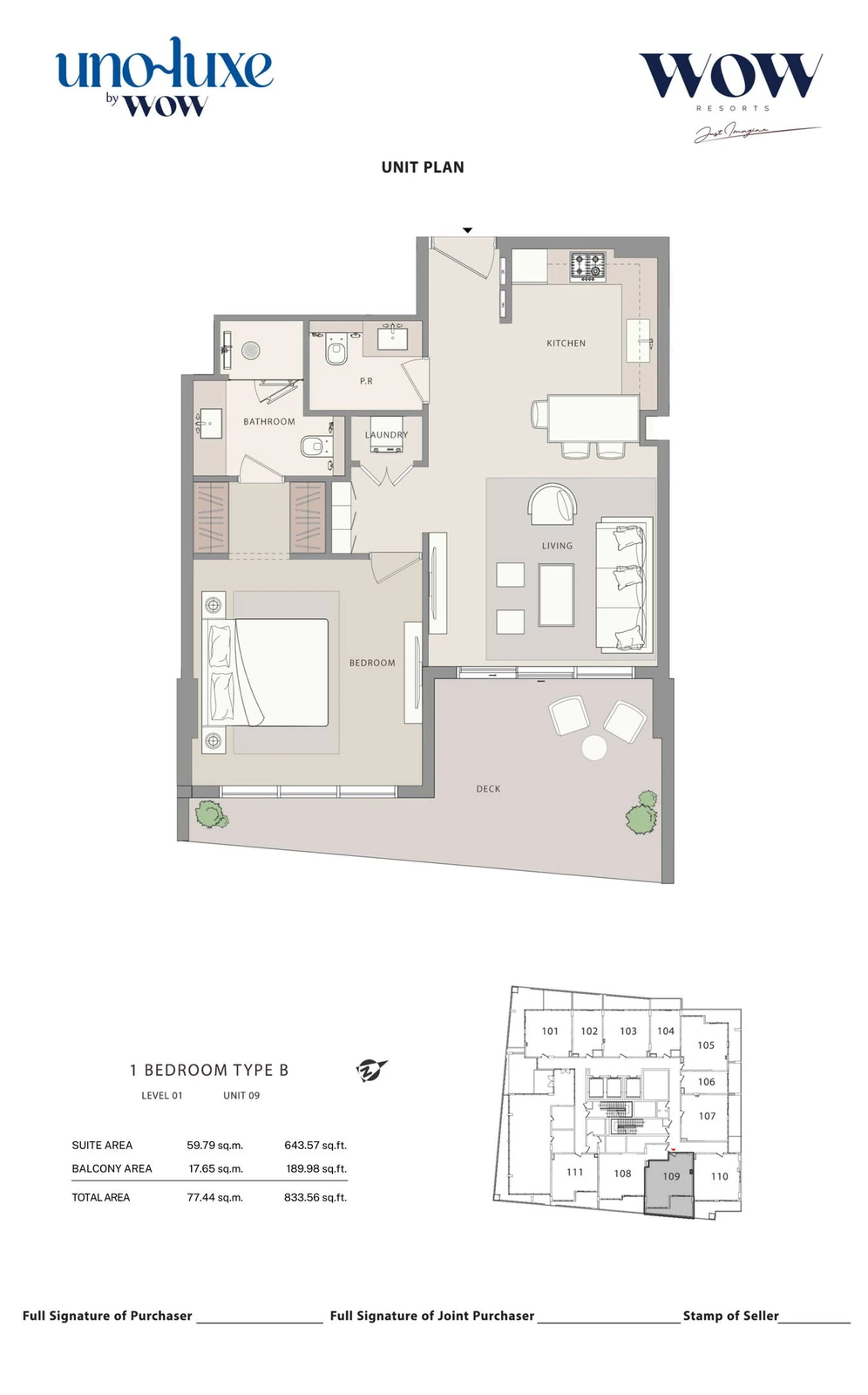 Uno Luxe 1 bedroom Type B, Stack 09 apartment floor plan for Level 01, Unit 09, 833.56 sq ft