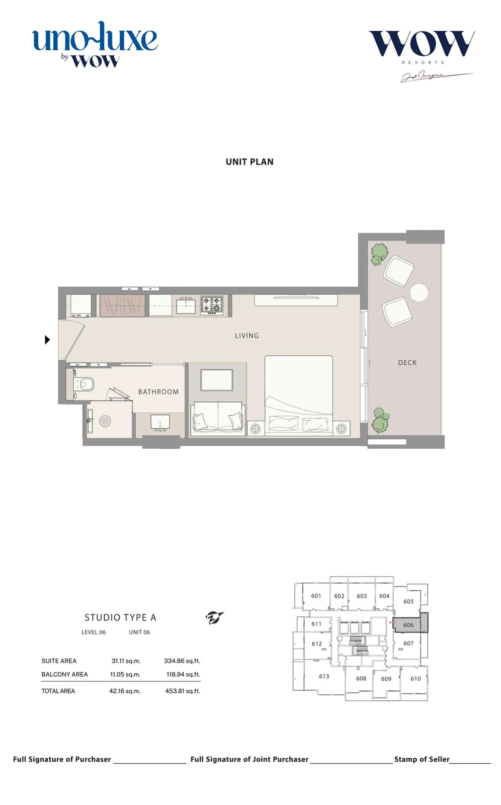 Uno Luxe studio Type A, Stack 06 apartment floor plan for Level 06, Unit 06, 453.81 sq ft