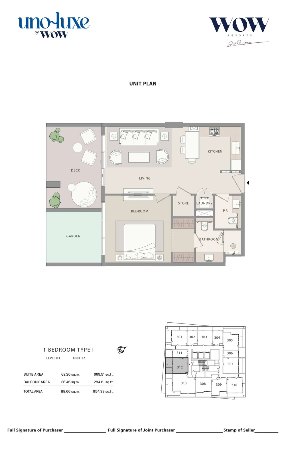 Uno Luxe 1 bedroom Type I, Stack 12 apartment floor plan for Level 03, Unit 12, 954.33 sq ft