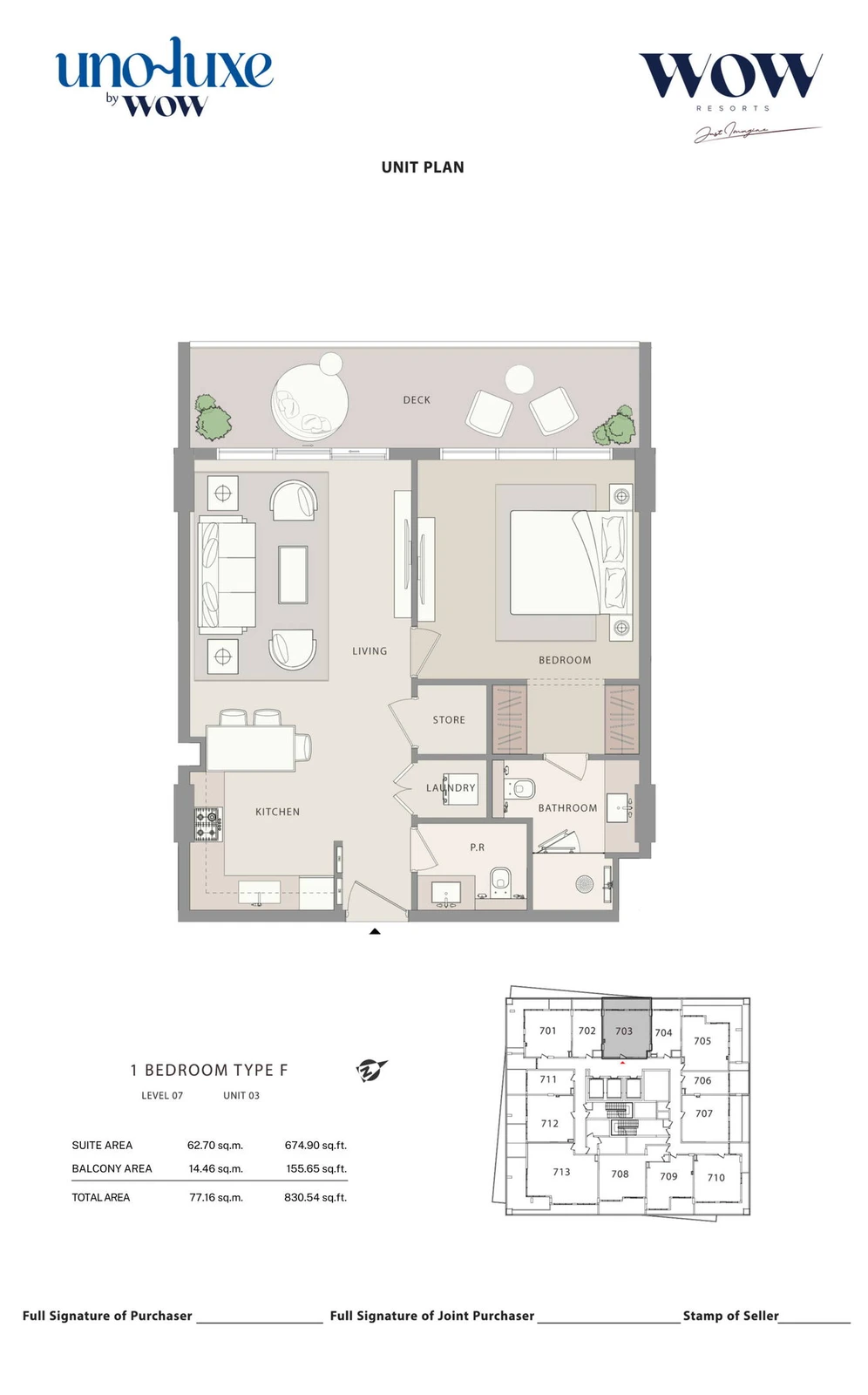 Uno Luxe 1 bedroom Type F, Stack 03 apartment floor plan for Level 07, Unit 03, 830.54 sq ft