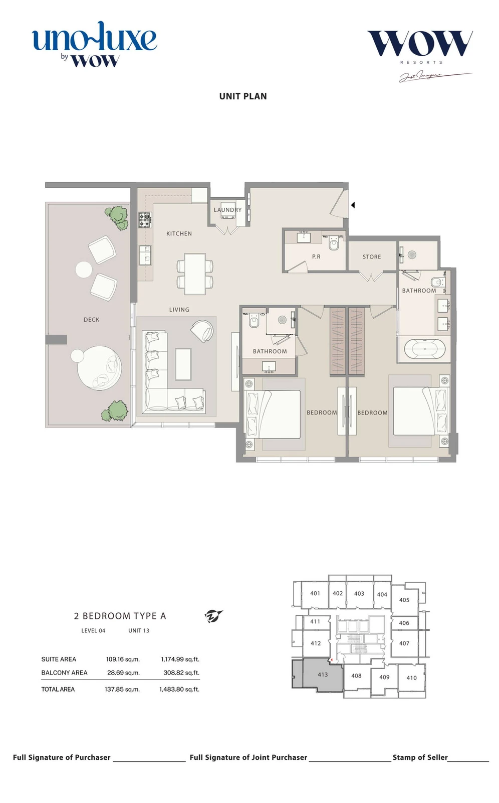 Uno Luxe 2 bedroom Type A, Stack 13 apartment floor plan for Level 04, Unit 13, 1,483.80 sq ft
