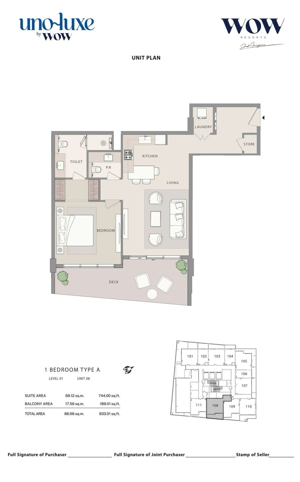 Uno Luxe 1 bedroom Type A, Stack 08 apartment floor plan for Level 01, Unit 08, 933.01 sq ft
