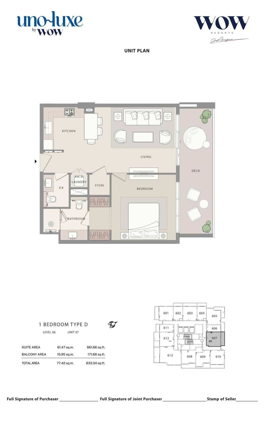 Uno Luxe 1 bedroom Type D, Stack 07 apartment floor plan for Level 06, Unit 07, 833.34 sq ft