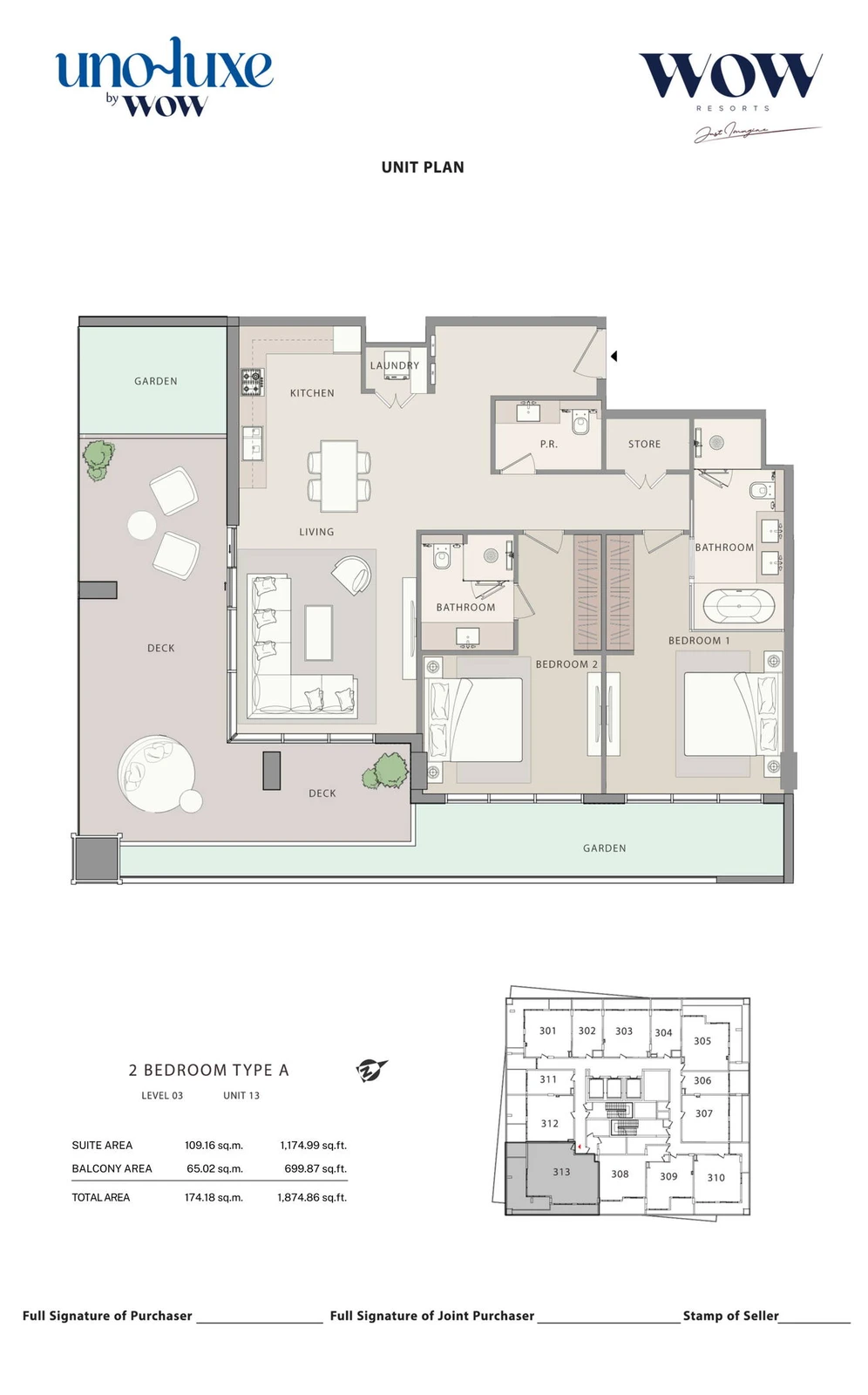 Uno Luxe 2 bedroom Type A, Stack 13 apartment floor plan for Level 03, Unit 13, 1,874.86 sq ft