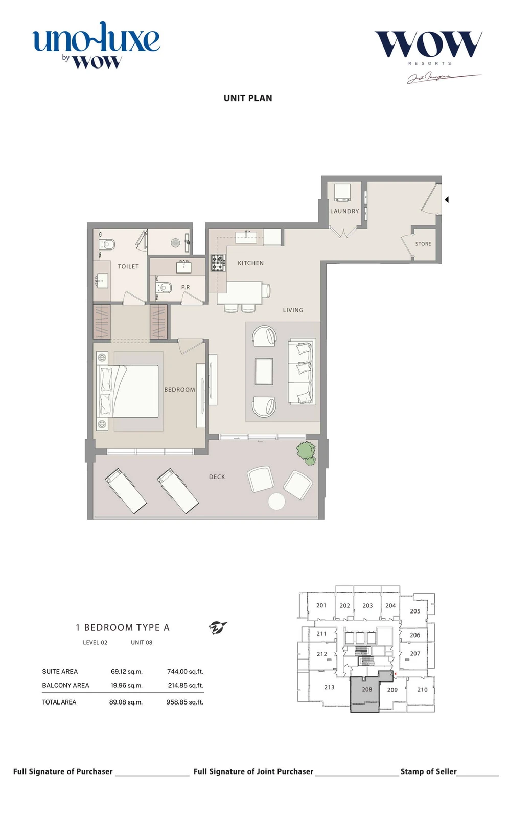 Uno Luxe 1 bedroom Type A, Stack 08 apartment floor plan for Level 02, Unit 08, 958.85 sq ft