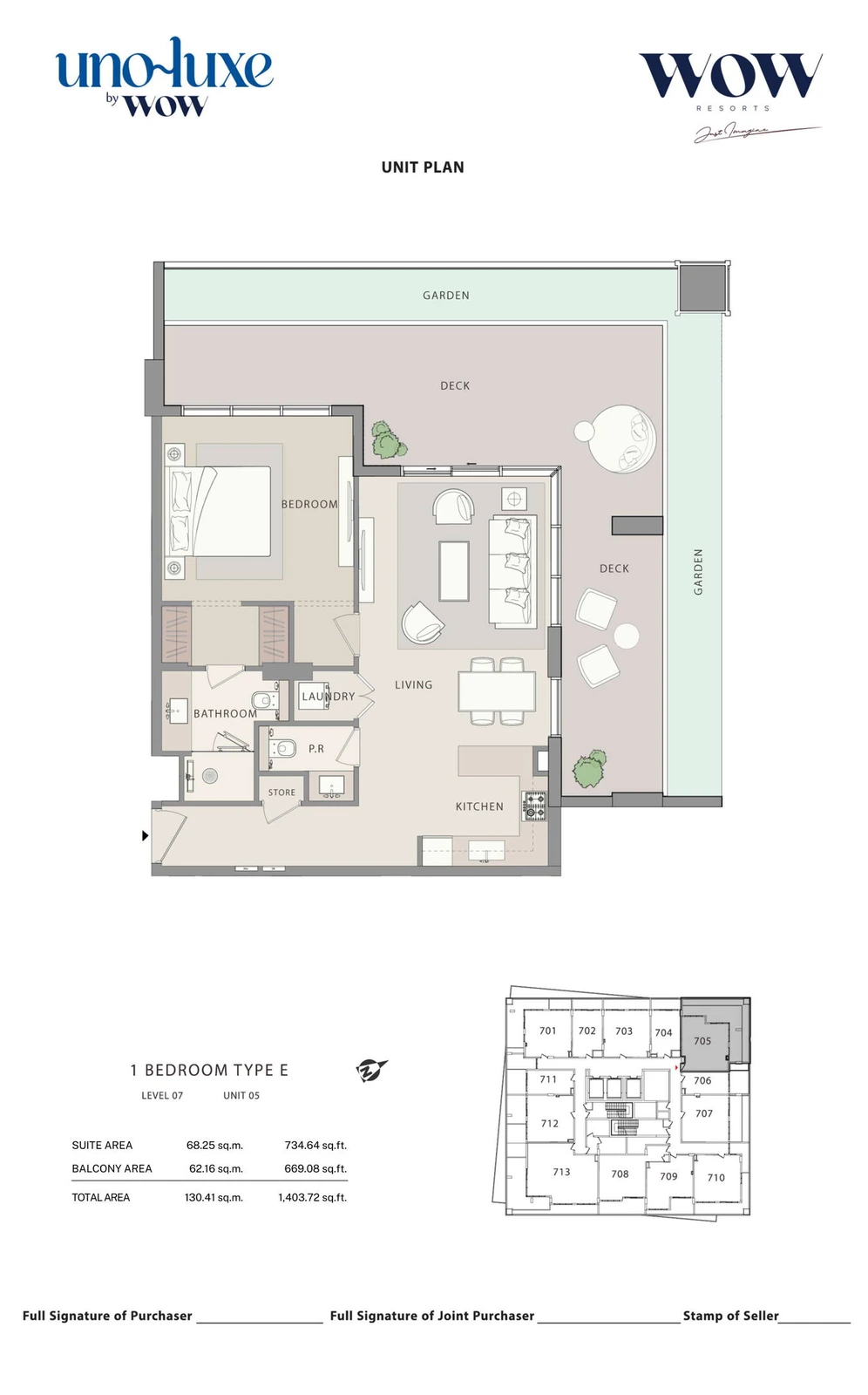Uno Luxe 1 bedroom Type E, Stack 05 apartment floor plan for Level 07, Unit 05, 1,403.72 sq ft