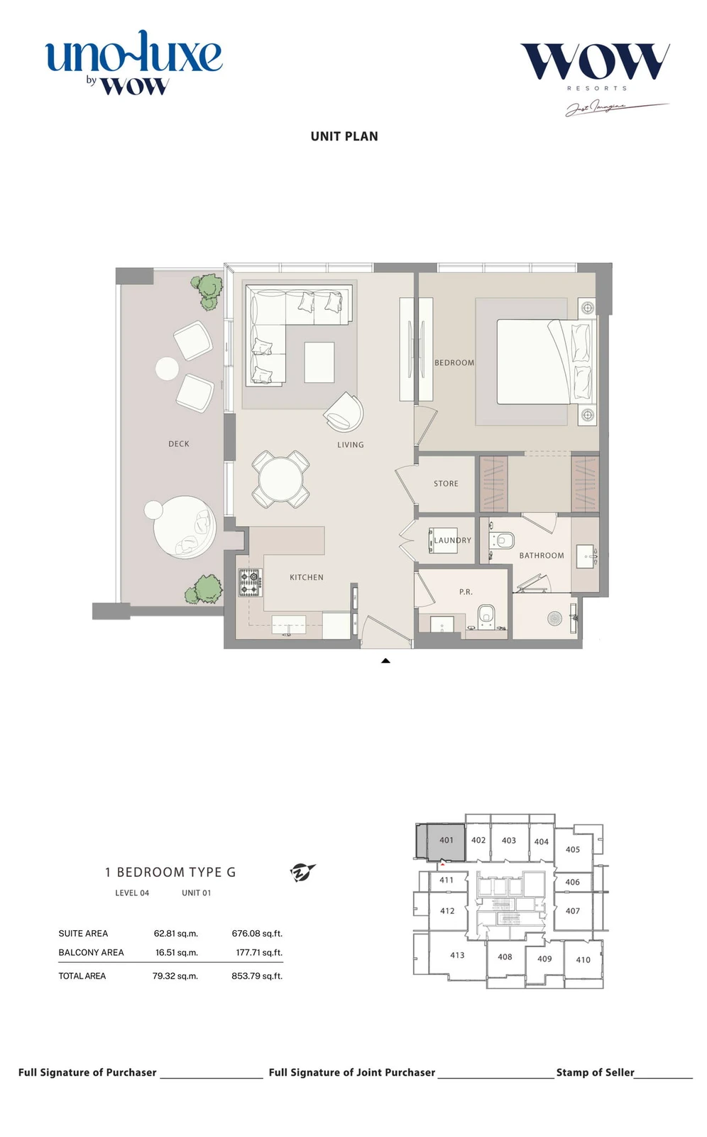 Uno Luxe 1 bedroom Type G, Stack 01 apartment floor plan for Level 04, Unit 01, 853.79 sq ft