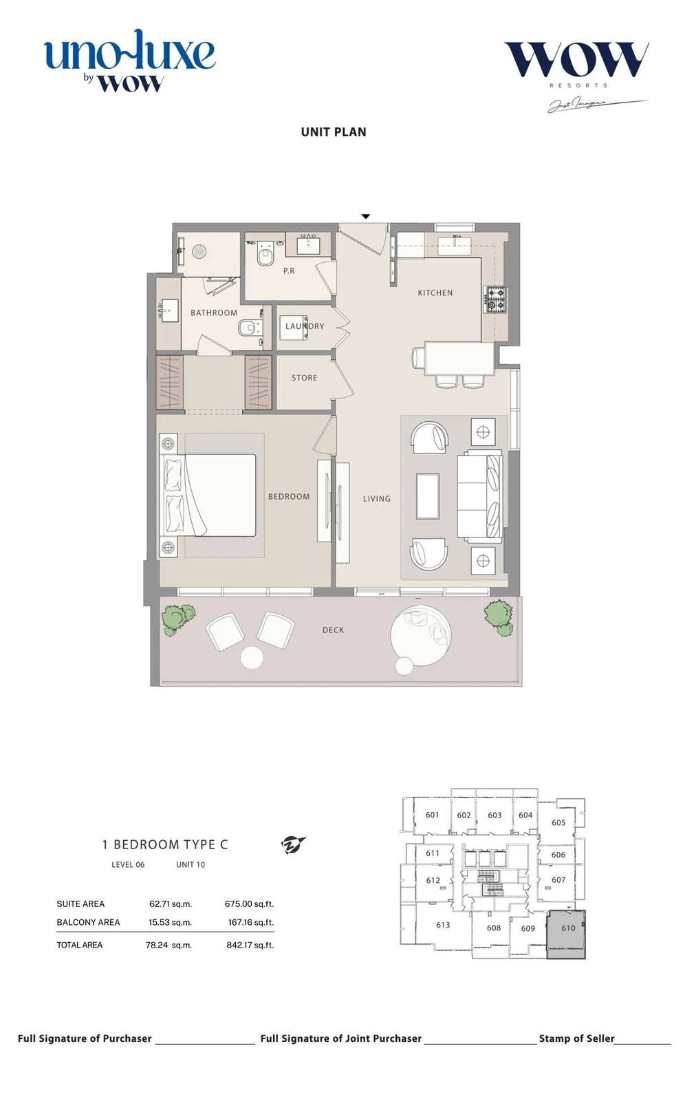 Uno Luxe 1 bedroom Type C, Stack 10 apartment floor plan for Level 06, Unit 10, 842.17 sq ft