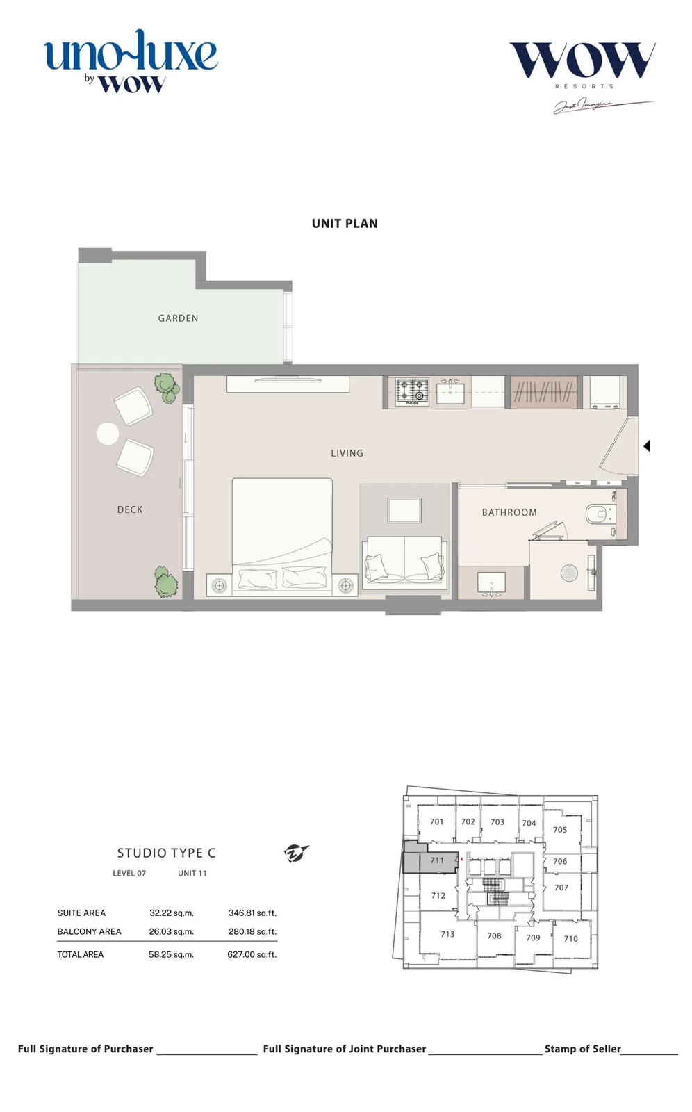 Uno Luxe studio Type C, Stack 11 apartment floor plan for Level 07, Unit 11, 627.00 sq ft
