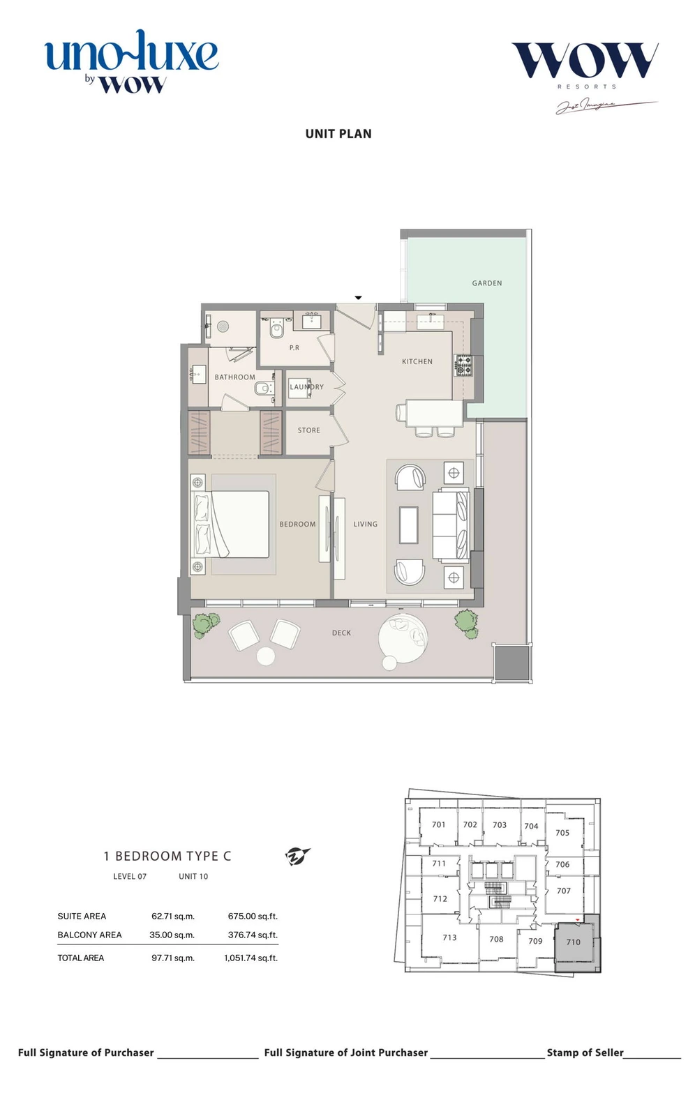 Uno Luxe 1 bedroom Type C, Stack 10 apartment floor plan for Level 07, Unit 10, 1,051.74 sq ft