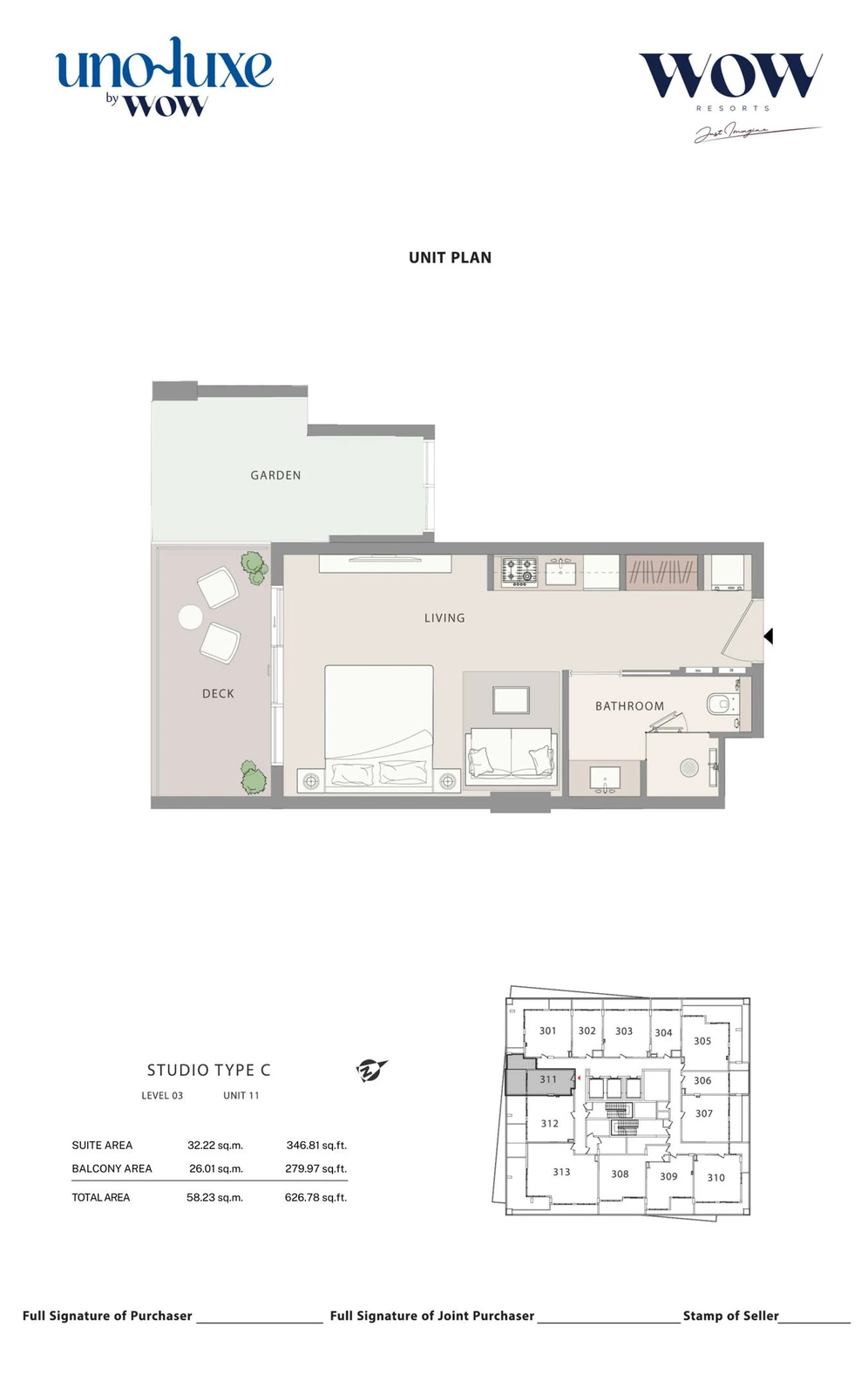 Uno Luxe studio Type C, Stack 11 apartment floor plan for Level 03, Unit 11, 626.78 sq ft