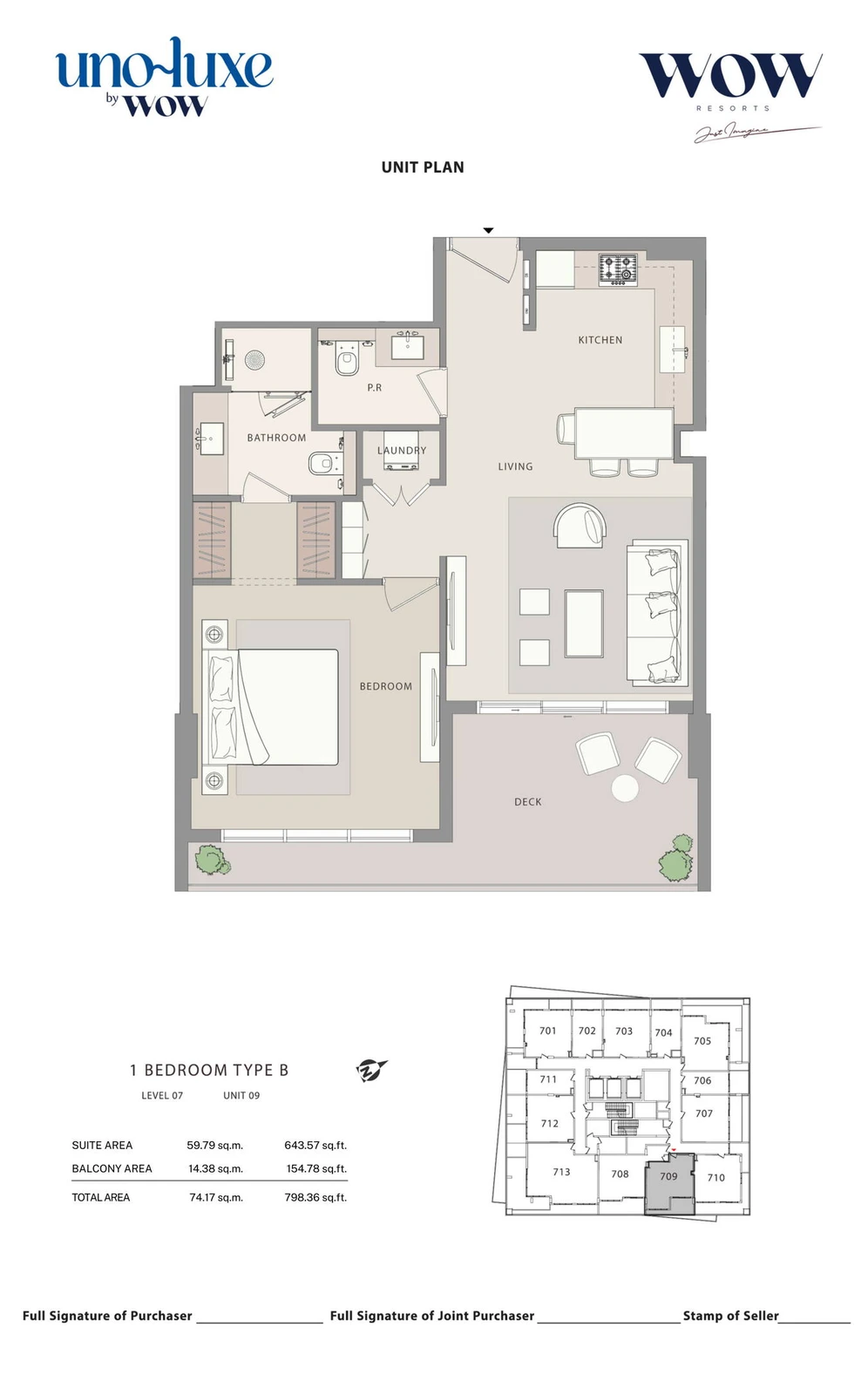 Uno Luxe 1 bedroom Type B, Stack 09 apartment floor plan for Level 07, Unit 09, 798.36 sq ft
