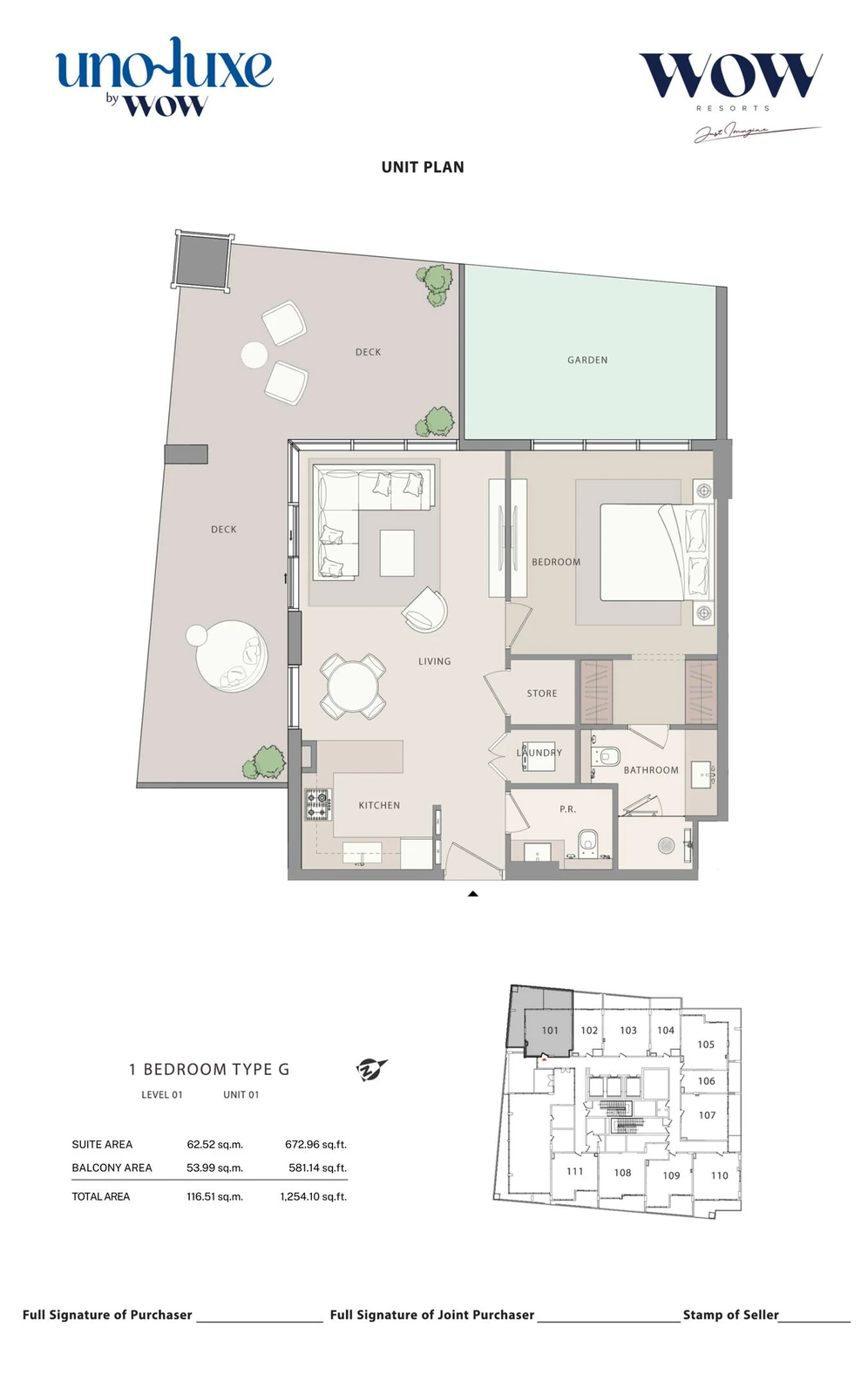 Uno Luxe 1 bedroom Type G, Stack 01 apartment floor plan for Level 01, Unit 01, 1,254.10 sq ft