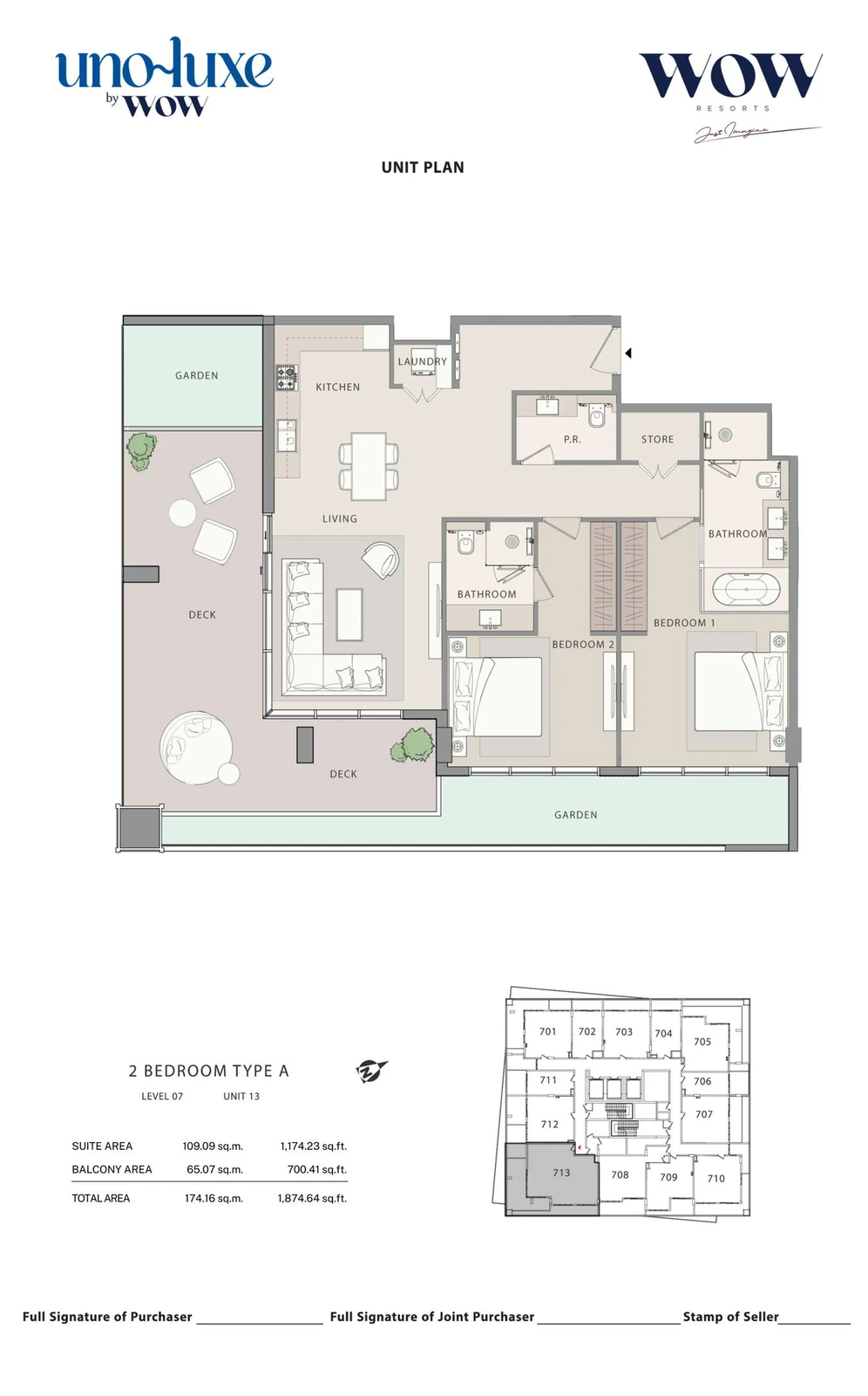 Uno Luxe 2 bedroom Type A, Stack 13 apartment floor plan for Level 07, Unit 13, 1,874.64 sq ft