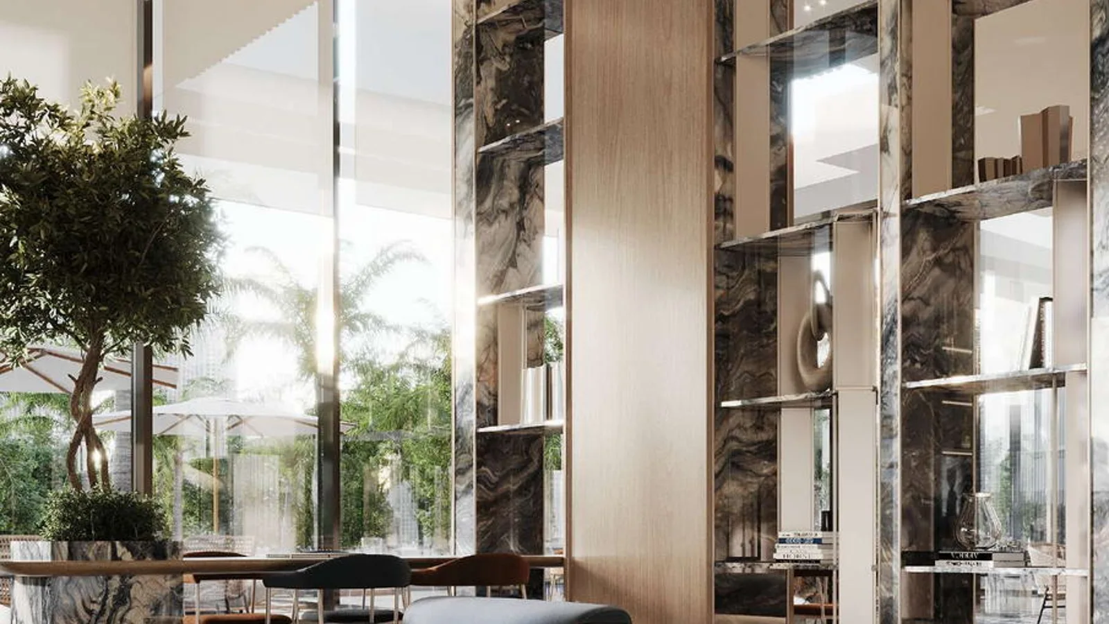 Double-height arrival lobby at Uno Luxe