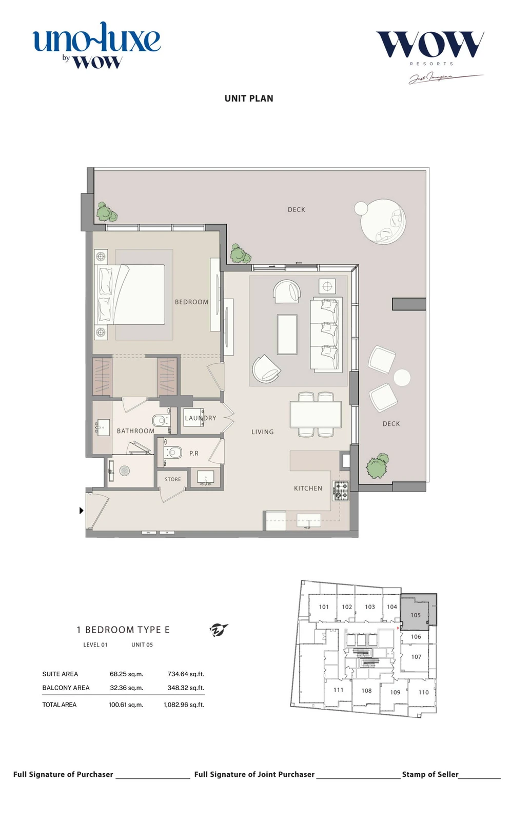 Uno Luxe 1 bedroom Type E, Stack 05 apartment floor plan for Level 01, Unit 05, 1,082.96 sq ft