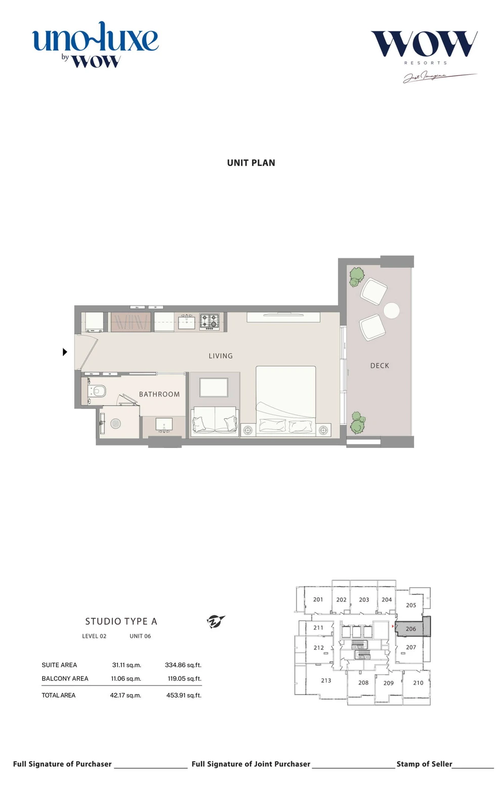 Uno Luxe studio Type A, Stack 06 apartment floor plan for Level 02, Unit 06, 453.91 sq ft