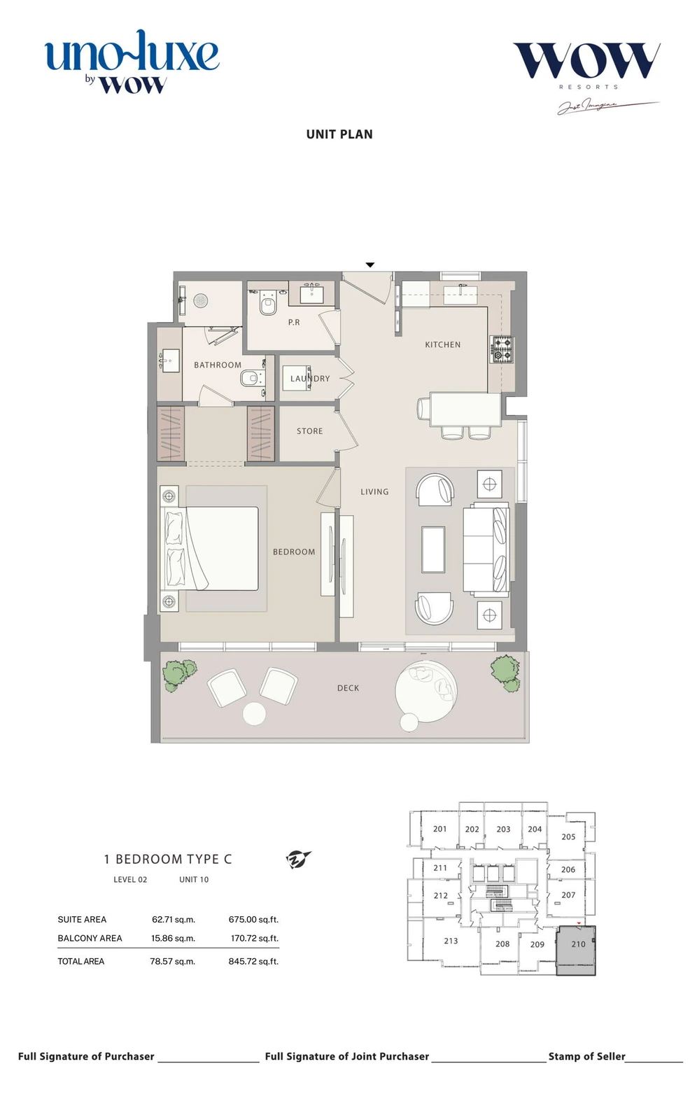 Uno Luxe 1 bedroom Type C, Stack 10 apartment floor plan for Level 02, Unit 10, 845.72 sq ft