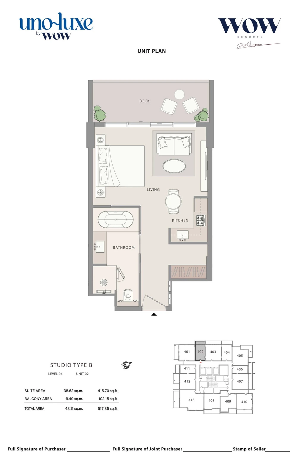 Uno Luxe studio Type B, Stack 02 apartment floor plan for Level 04, Unit 02, 517.85 sq ft