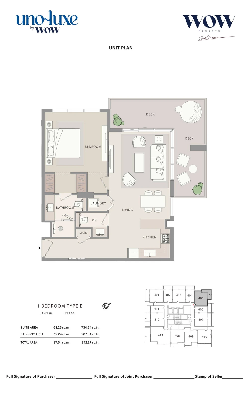 Uno Luxe 1 bedroom Type E, Stack 05 apartment floor plan for Level 04, Unit 05, 942.27 sq ft