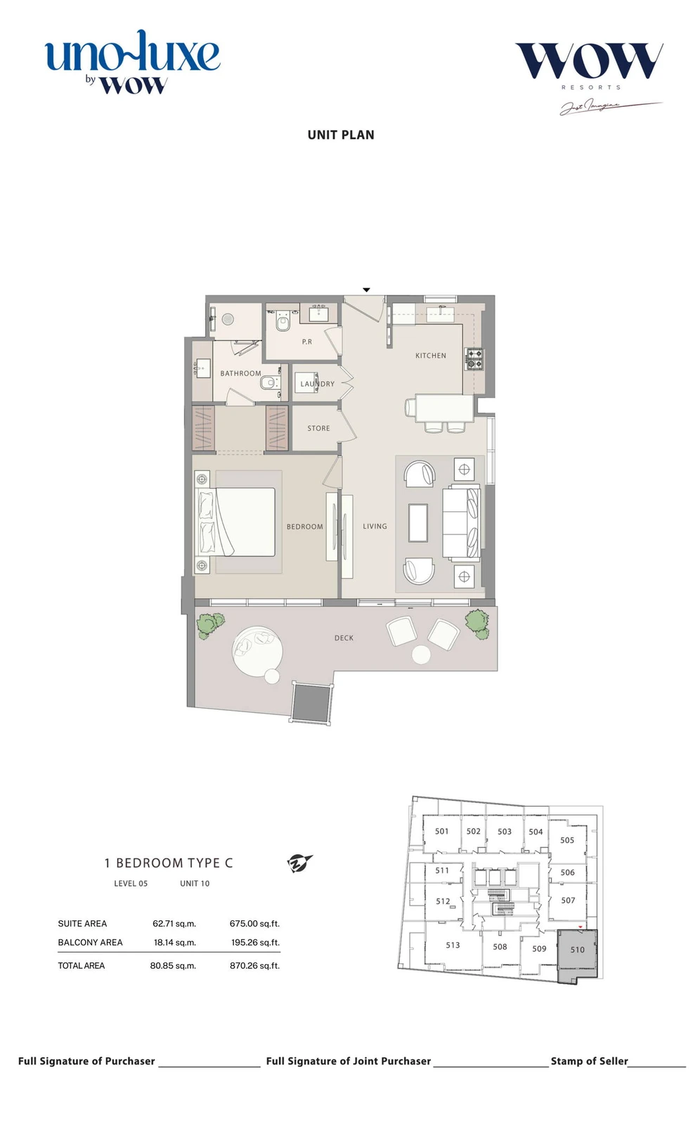 Uno Luxe 1 bedroom Type C, Stack 10 apartment floor plan for Level 05, Unit 10, 870.26 sq ft