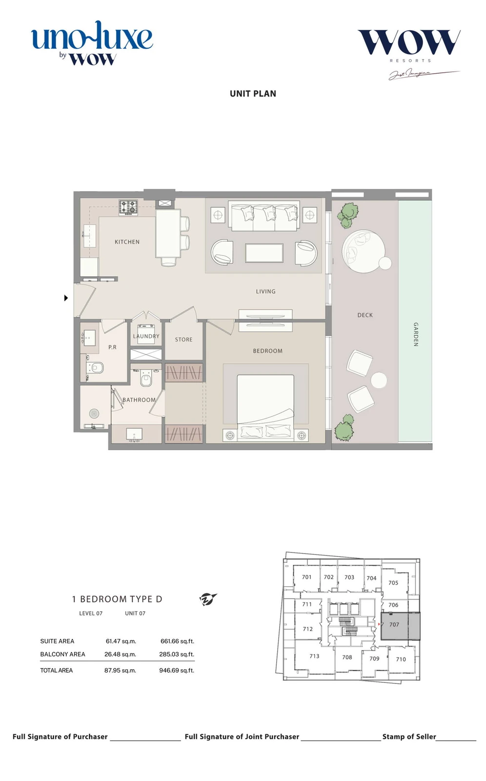 Uno Luxe 1 bedroom Type D, Stack 07 apartment floor plan for Level 07, Unit 07, 946.69 sq ft
