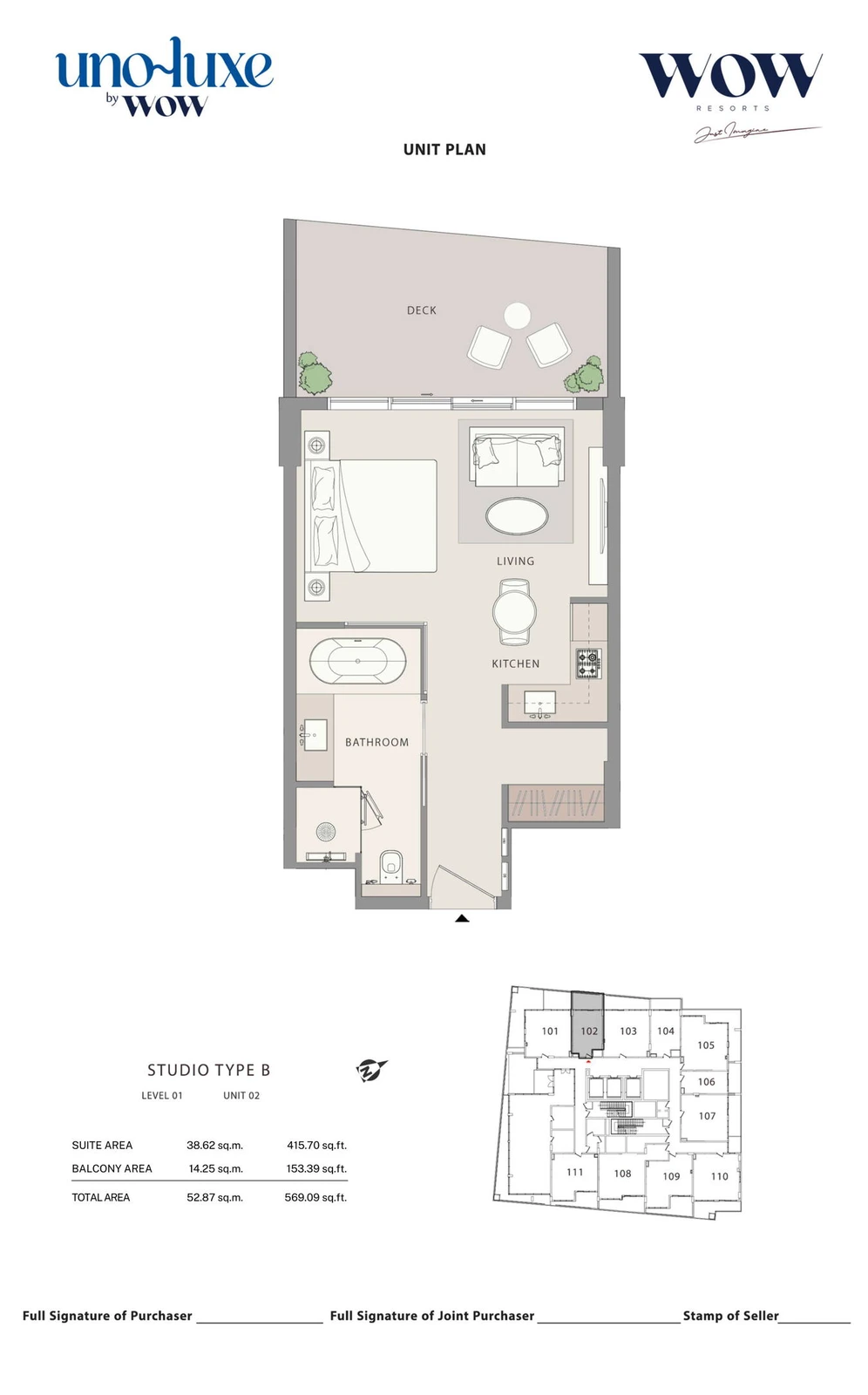 Uno Luxe studio Type B, Stack 02 apartment floor plan for Level 01, Unit 02, 569.09 sq ft
