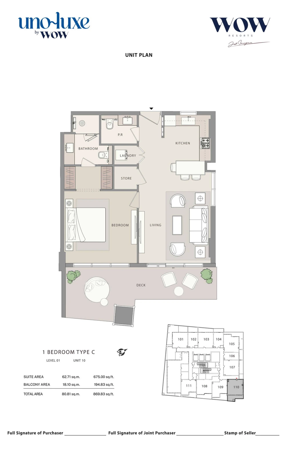 Uno Luxe 1 bedroom Type C, Stack 10 apartment floor plan for Level 01, Unit 10, 869.83 sq ft