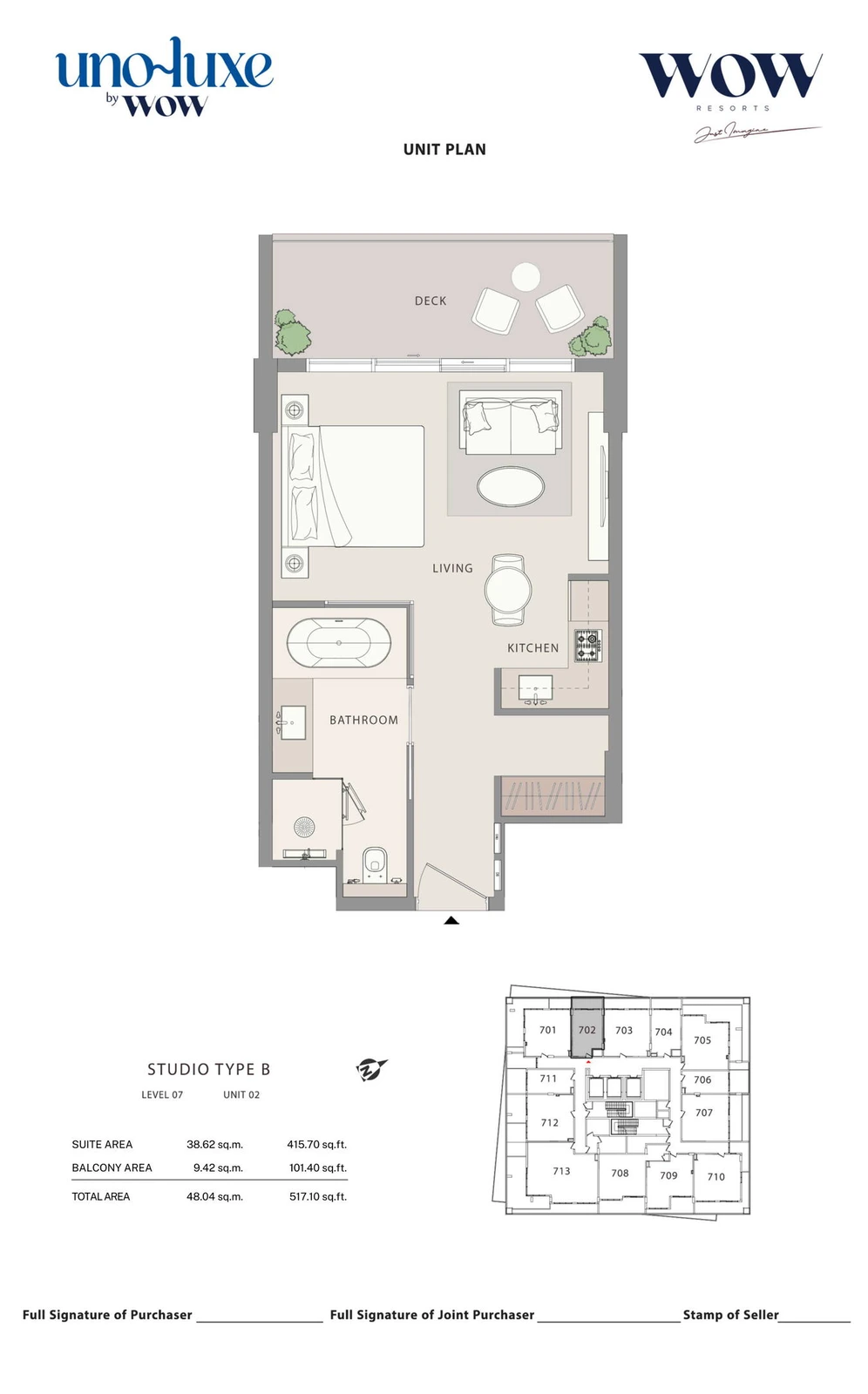 Uno Luxe studio Type B, Stack 02 apartment floor plan for Level 07, Unit 02, 517.10 sq ft