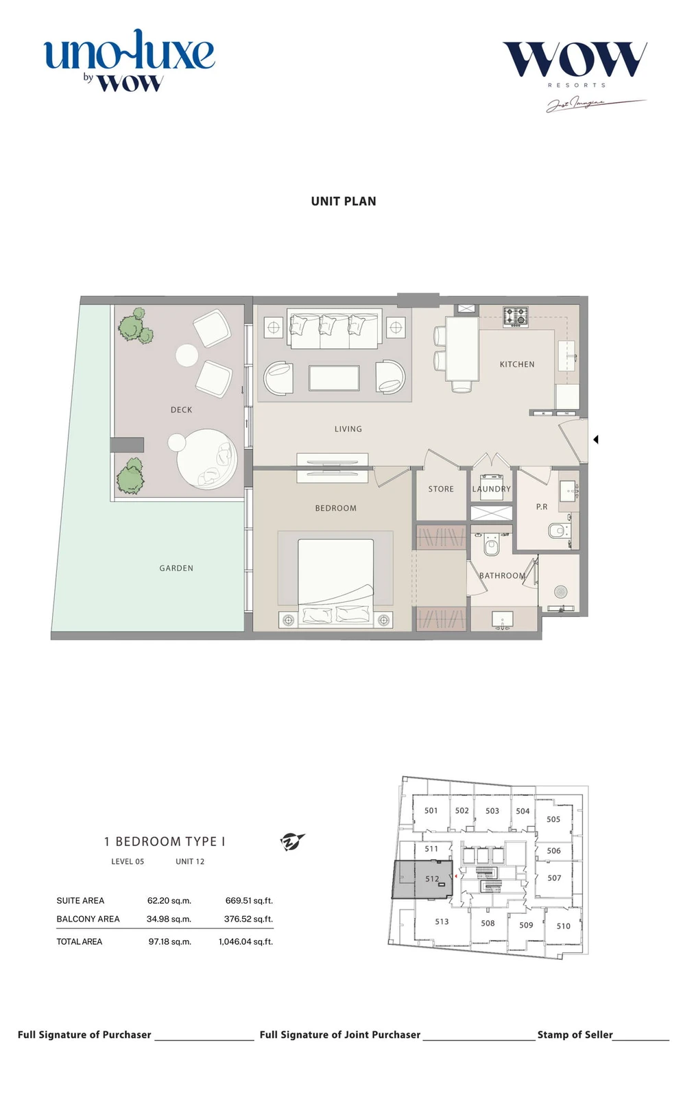 Uno Luxe 1 bedroom Type I, Stack 12 apartment floor plan for Level 05, Unit 12, 1,046.04 sq ft