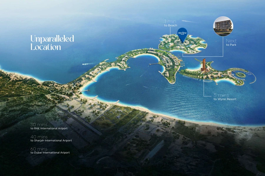 Al Marjan Island location map showing Uno Luxe near the beach, park and Wynn resort
