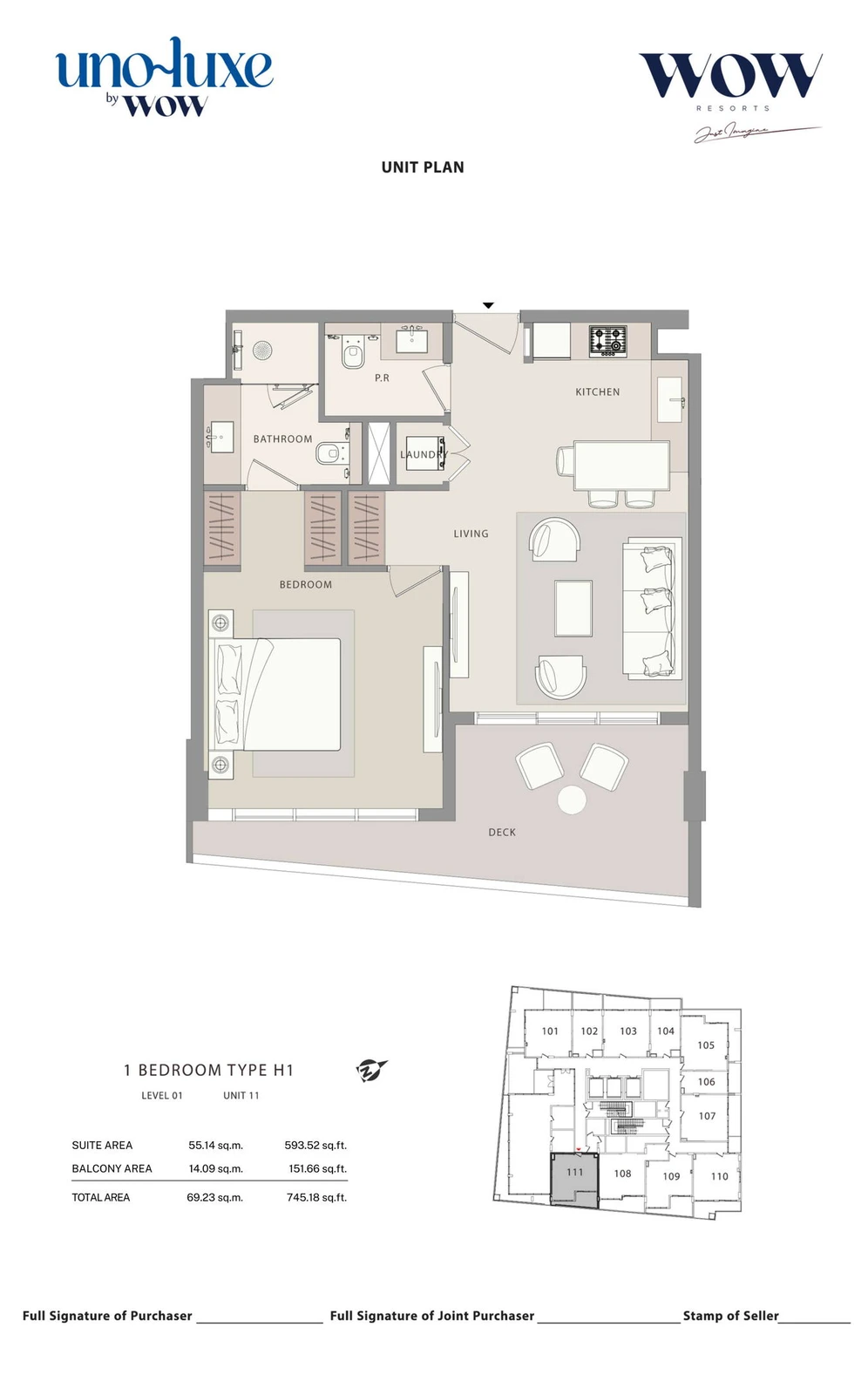 Uno Luxe 1 bedroom Type H1, Stack 11 apartment floor plan for Level 01, Unit 11, 745.18 sq ft