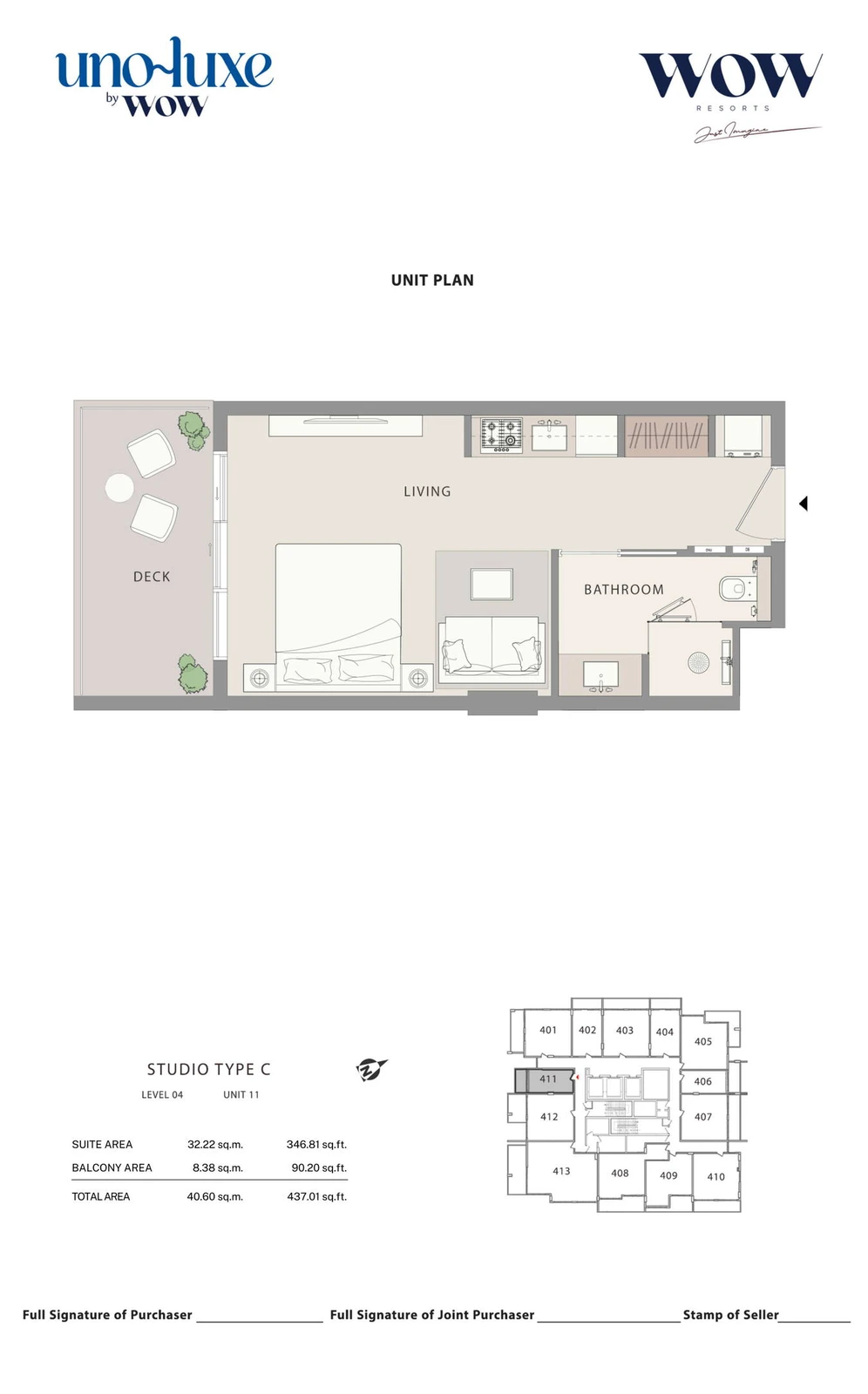 Uno Luxe studio Type C, Stack 11 apartment floor plan for Level 04, Unit 11, 437.01 sq ft