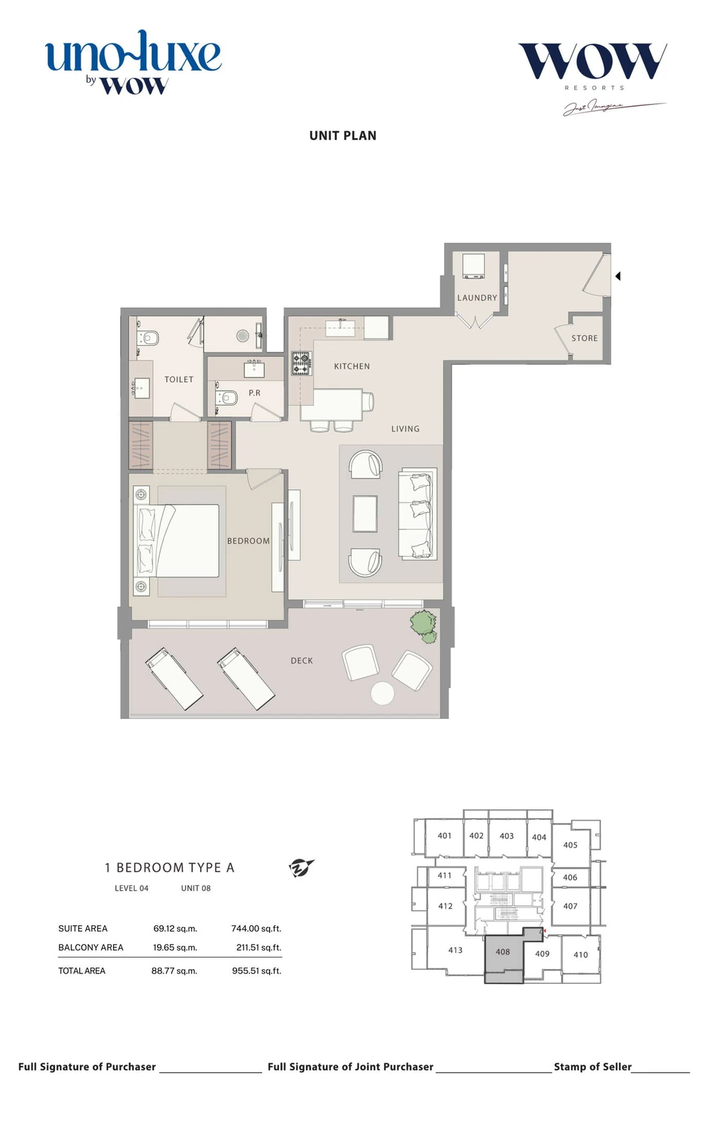 Uno Luxe 1 bedroom Type A, Stack 08 apartment floor plan for Level 04, Unit 08, 955.51 sq ft