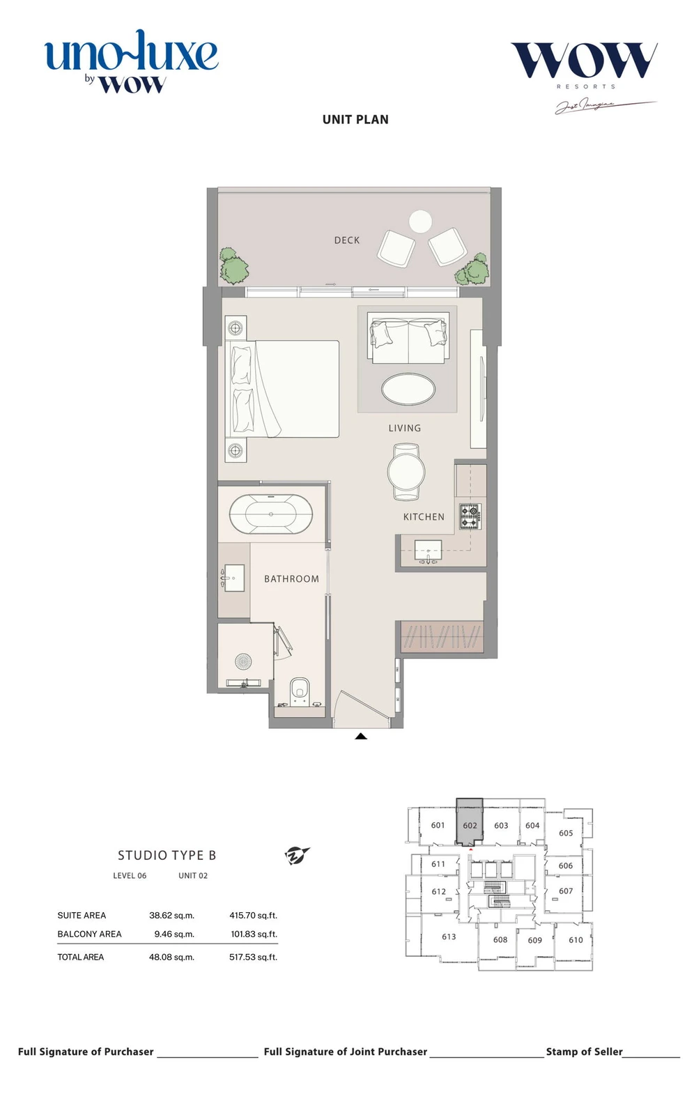 Uno Luxe studio Type B, Stack 02 apartment floor plan for Level 06, Unit 02, 517.53 sq ft